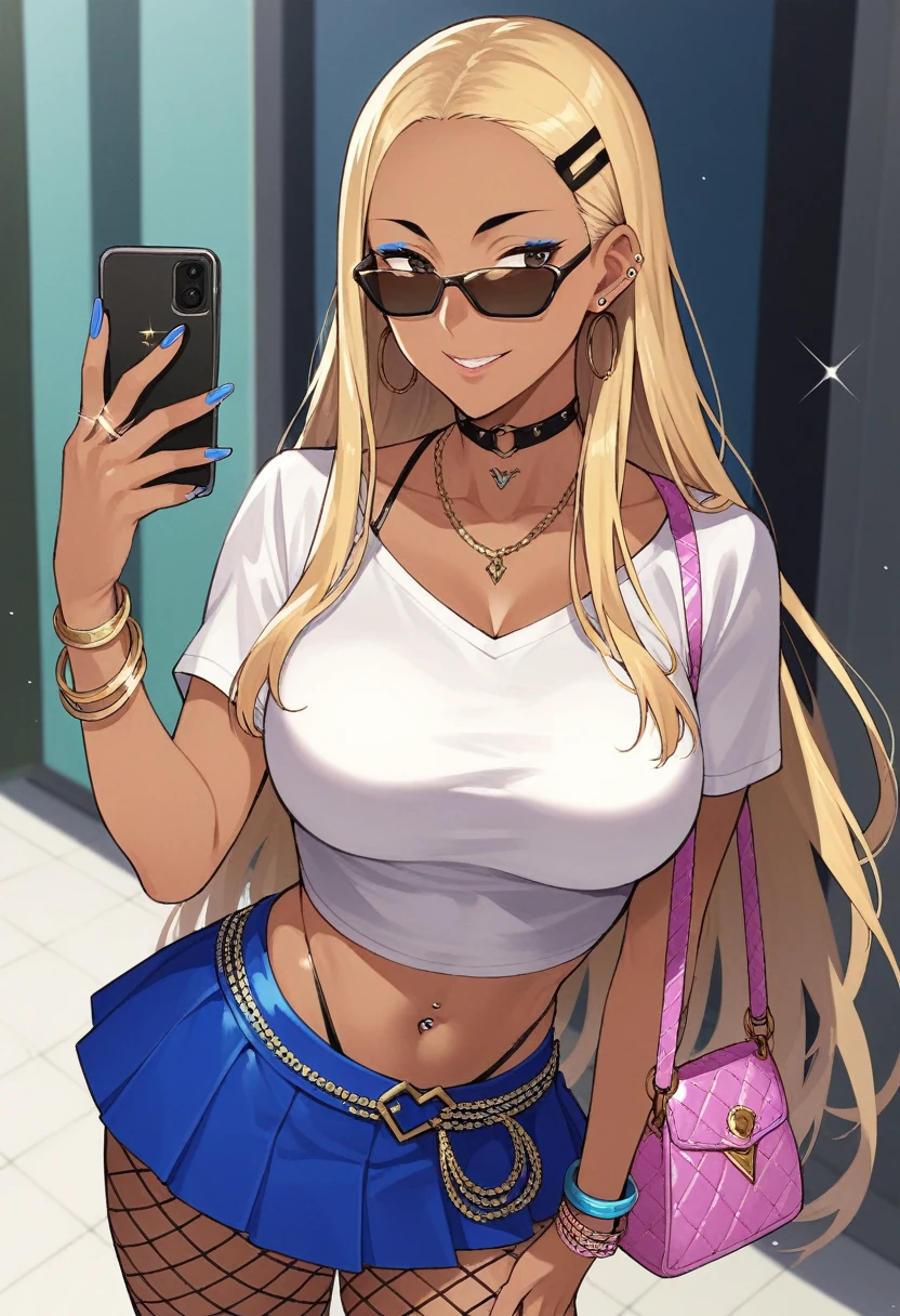 Score_9, score_8_up, score_7_up, score_6_up, source_anime, rating:general, 1girl, slutty_clothes, makeup, 1girl, solo, kiryuuin_satsuki, dark-skinned female, blonde hair, dark skin, phone, jewelry, sunglasses, earrings, long hair, crop top, handbag, very long hair, hair ornament, midriff, choker, makeup, bracelet, navel piercing, miniskirt, piercing, hairclip, necklace, ring, looking to the side, brown eyes, smile, sparkle, cowboy shot, cropped shirt, blue skirt, fur trim, alternate costume, short sleeves, forehead, white shirt, standing, gyaru, glasses, fishnets, ear piercing, tattoo, fur-trimmed skirt, eyeshadow, parted lips