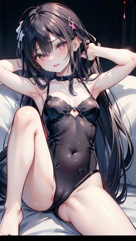 (Highest quality)), ((masterpiece)), (detailed), One Woman,のBeautiful woman,Very sexy,Small breasts,(((Very Small breasts1.5))),Full Body Shot,Small face woman,8 head body,
Beautiful woman,Beautiful Face,Beautiful teeth alignment,Beautiful body lines,Slender body,Beautiful Hands,Beautiful feet,Long hands,Long legs,Long and supple hair,Shiny Hair,Black Hair,No clothes,Embarrassed expression,blush,Thin lips,Beautiful shoulders,Beautiful clavicle、Woman sitting,On the bed,Black collar,(((Black bands covering both eyes 1.9))),Excited,Cum on face,Cum on hair,Cum all over the body,Spread your legs,handcuffs,Bondage,(((Naked 1.8))),A large amount of love juice flowing from the,((Ahegao 1.5)),orgasm,Wide open mouth,Sticking out tongue,Drooling,((((Leg spread,Spread your legs,Woman leaning back)))),(((arms up,Arms tied above head 1.6))),Expressions of ecstasy,Climax expression,blush,