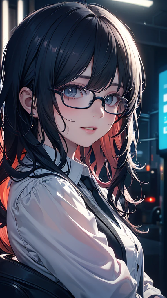 (masterpiece, side lighting, beautifully detailed beautiful eyes: 1.2), 3d face, realistic, perfect face, masterpiece, highest quality, approaching perfection, (perfect face: 1.1), (high detail: 1.1), dramatic, (girl), pale skin, (luminescent neon long wavy hair: 1.4), white eyes, solo, white shirt, red striped tie, sleeveless jacket, gothic makeup, round transparent glasses, wide smile, adjusts glasses with hands, cyberpunk atmosphere, atmospheric artwork, Luminous Studio graphics engine, plump lips, volumetric lighting, detailed eyes, (masterpiece wallpaper 8k), hyperdetailed, intricately detailed, overwhelmingly pixel accuracy, fashion, from the side, looking at viewer