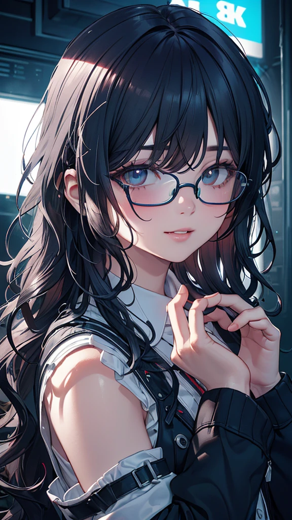 (masterpiece, side lighting, beautifully detailed beautiful eyes: 1.2), 3d face, realistic, perfect face, masterpiece, highest quality, approaching perfection, (perfect face: 1.1), (high detail: 1.1), dramatic, (girl), pale skin, (luminescent neon long wavy hair: 1.4), white eyes, solo, white shirt, red striped tie, sleeveless jacket, gothic makeup, round transparent glasses, wide smile, adjusts glasses with hands, cyberpunk atmosphere, atmospheric artwork, Luminous Studio graphics engine, plump lips, volumetric lighting, detailed eyes, (masterpiece wallpaper 8k), hyperdetailed, intricately detailed, overwhelmingly pixel accuracy, fashion, from the side, looking at viewer