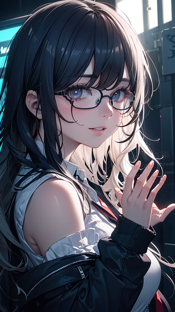 (masterpiece, side lighting, beautifully detailed beautiful eyes: 1.2), 3d face, realistic, perfect face, masterpiece, highest quality, approaching perfection, (perfect face: 1.1), (high detail: 1.1), dramatic, (girl), pale skin, (luminescent neon long wavy hair: 1.4), white eyes, solo, white shirt, red striped tie, sleeveless jacket, gothic makeup, round transparent glasses, wide smile, adjusts glasses with hands, cyberpunk atmosphere, atmospheric artwork, Luminous Studio graphics engine, plump lips, volumetric lighting, detailed eyes, (masterpiece wallpaper 8k), hyperdetailed, intricately detailed, overwhelmingly pixel accuracy, fashion, from the side, looking at viewer