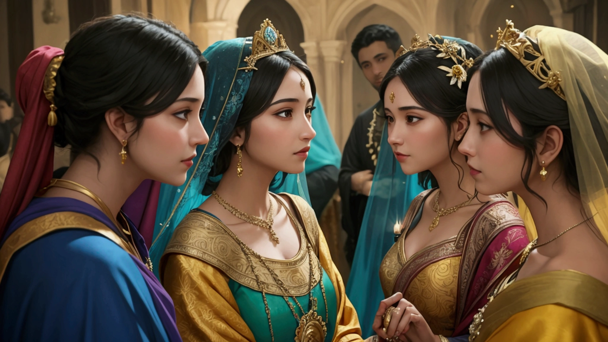"Description: Create a visual representation of the parable of the ten virgins, focusing on the contrast between the wise and foolish virgins. The scene should highlight the preparedness and alertness of the wise virgins, in contrast to the negligence of the foolish ones.
Details:
Imagery: Show ten women with lamps, five with their lamps brightly lit and filled with oil, while the other five have dim or extinguished lamps. They should be depicted in a night-time setting, waiting for the bridegroom.
Color Scheme: Use warm, glowing colors like gold and amber for the wise virgins' lamps, contrasting with cooler, dim colors like gray and blue for the foolish virgins' lamps.
Background Elements: Include a darkened path or a distant wedding procession to illustrate the anticipation and the urgency of being prepared for the bridegroom's arrival."