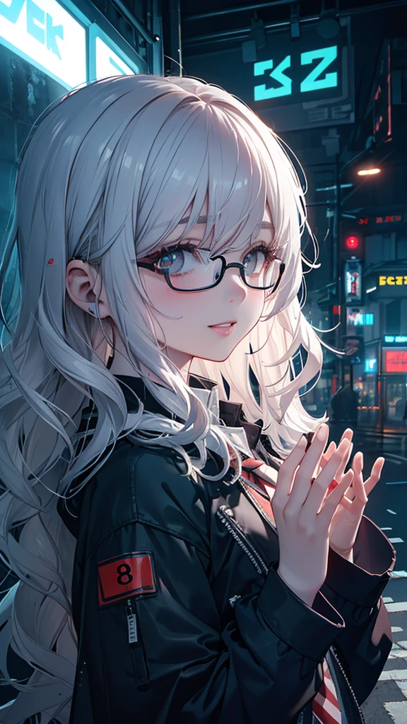 (masterpiece, side lighting, beautifully detailed beautiful eyes: 1.2), 3d face, realistic, perfect face, masterpiece, highest quality, approaching perfection, (perfect face: 1.1), (high detail: 1.1), dramatic, (girl), pale skin, (luminescent neon long wavy hair: 1.4), white eyes, solo, white shirt, red striped tie, sleeveless jacket, gothic makeup, round transparent glasses, wide smile, adjusts glasses with hands, cyberpunk atmosphere, atmospheric artwork, Luminous Studio graphics engine, plump lips, volumetric lighting, detailed eyes, (masterpiece wallpaper 8k), hyperdetailed, intricately detailed, overwhelmingly pixel accuracy, fashion, from the side, looking at viewer