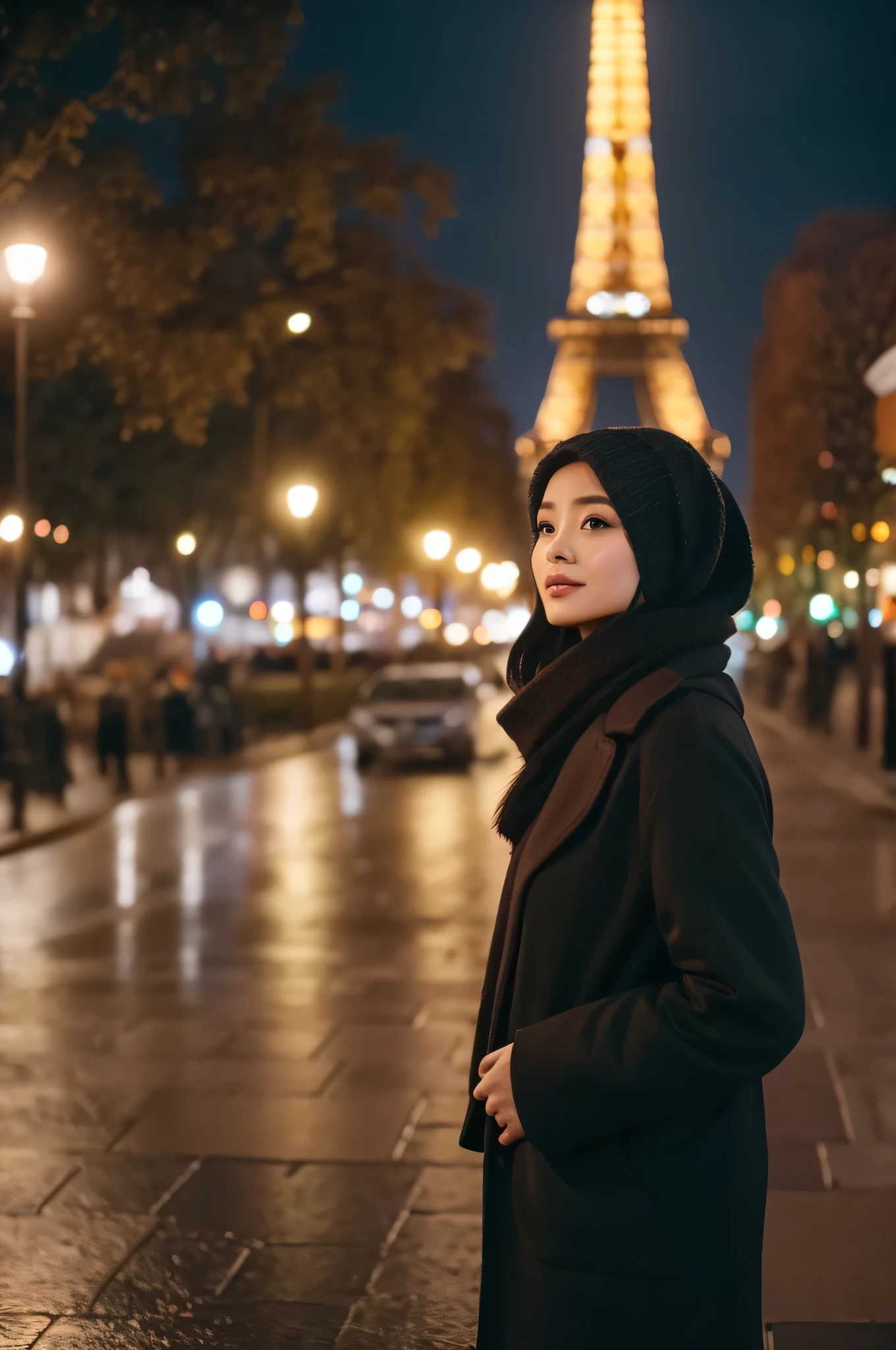 Create a cinematic shot of a gorgeous 26-year-old malay woman walking in the middle of a park. She is dressed in elegant brown winter fashion with a long black hijab wrapped around her neck (covering all her hair completly). Her face is symmetrical and stunning, with natural makeup, and she exudes a sultry, flirty look. The scene is set at night with drizzling rain, wet streets, and lots of pedestrians strolling around. The Eiffel Tower stands majestically in the background, illuminated against the night sky.

Use a Medium Long Shot to capture her full-length appearance as she walks. The camera tracks her subject walking forwards, maintaining a steady view of her elegant winter attire and the surrounding park environment. The streets and the Eiffel Tower should be in sharp focus, showcasing the cinematic lighting and the realistic, detailed atmosphere of the scene. The resolution should be ultra HD and 4K to highlight every aspect of her attire and the environment.