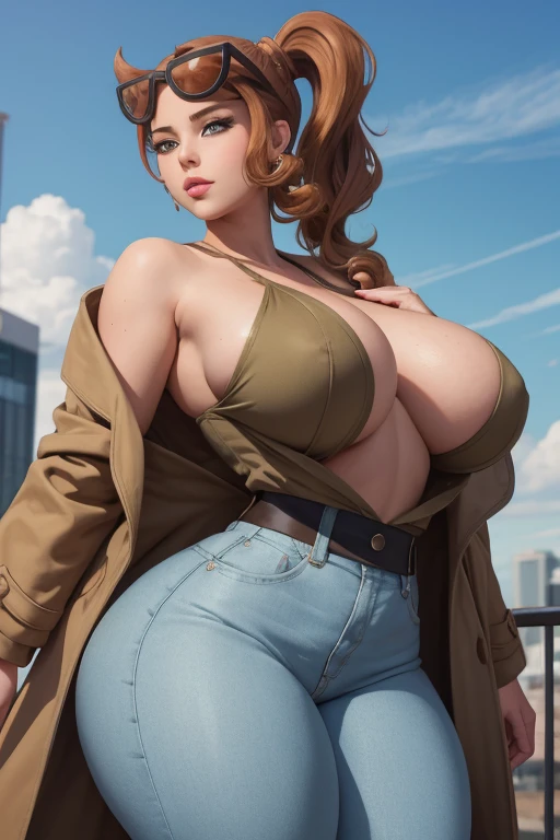 (best quality), (masterpiece), 1 girl, early 20's, huge heavy breasts, busty, massive breasts, thick, thick lips, wide hips, thin waist, sonia, side ponytail, sunglasses on head, brown trench coat, pants