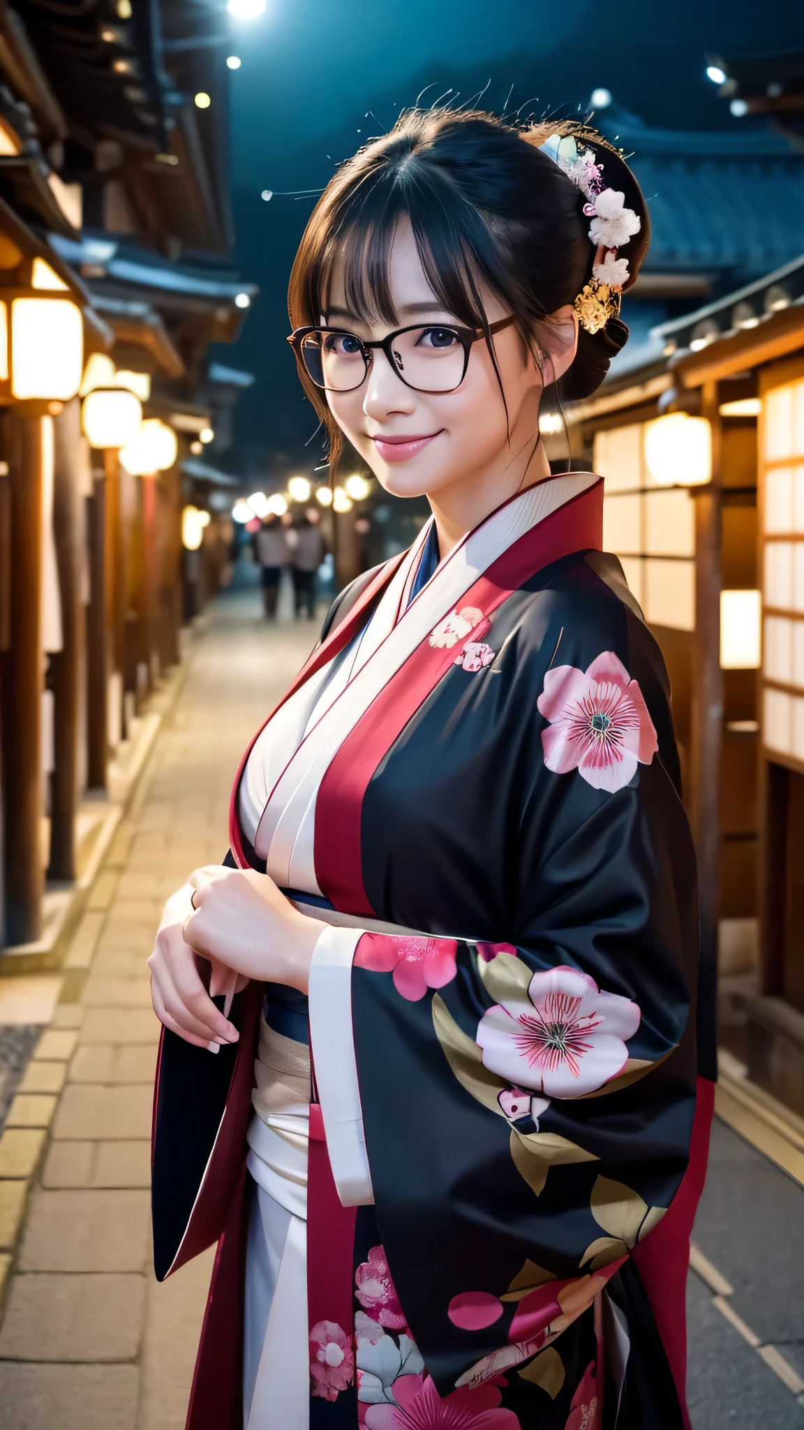 (Super beautiful woman in kimono)、((highest quality、8K masterpiece:1.3))、sharp focus:1.2、(super beautiful face:1.0)、(shiny skin:1.0)、realistic pictures、black hair、video lighting、High resolution eyes and face、video lighting、japanese actress、from the front、big breasts、with a happy smile、Slender abs beauty、whole body、wearing a kimono、in Kyoto、(((luxury obi)))、In Kyoto at night、wearing glasses with no edge、with a fan、Fireworks Display