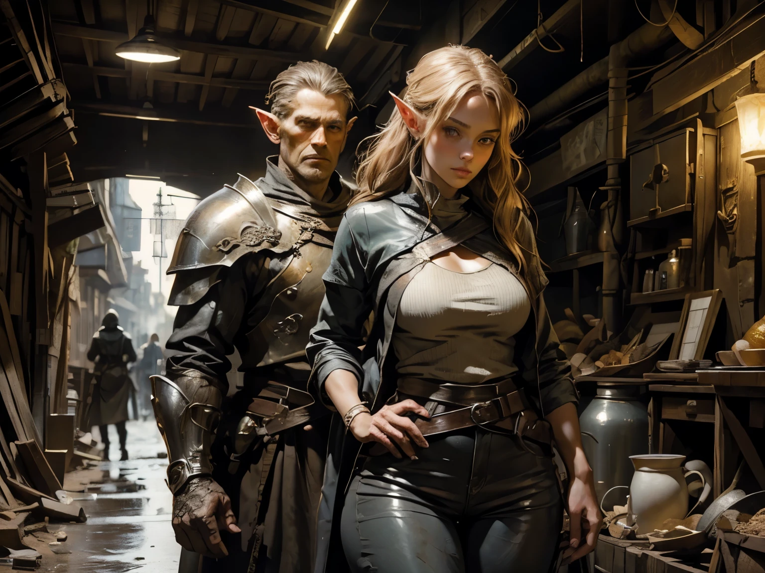 ((Medieval fantasy setting)). ((1girl and 1man)). 1 beautiful half-elf girl and 1 man, a fat, ugly human, wearing grey, shabby clothes, dirty and worn out. 
Background: Dark and dirty and deserted alley in city slums. Gray shabby walls.
"Echo is a 22-year-old half-elf. She has light brown skin. Thick light chestnut hair with caramel highlights and soft waves. Brown eyes with green hues. Her beautiful face is oval with soft features and pronounced cheekbones. She has full and attractive lips with a natural blush. A slight scar over her right eyebrow. Her ears are small like a human's but pointed like an elf's. Her physique is athletic and slim, she toned and flexible. She has a round and elastic body shapes. Light leather armor emphasizing her figure. Tight-fitting leather shorts highlighting her buttocks and athletic thighs, and a light blue silk shirt buttoned only a few buttons, leaving the cleavage and lower abdomen exposed. Her hair is braided." Pose: The man stands leaning against the wall and holding his crotch with one hand, with a disgusting smug smile and offering Eho a blowjob. Eho stands in front of him and holding a coin in her hand, slightly nodding her head, with a sly look and a slight mysterious smile. Camera: From the side, emphasizing both characters and their interaction. Background: Just a dark and dirty alley with no specific details. Tags: smug smile, proposition, coin, sly look, mysterious smile, super detail, high details, high quality, best quality, highres, 4K, Cameltoe, Nipple Outline
