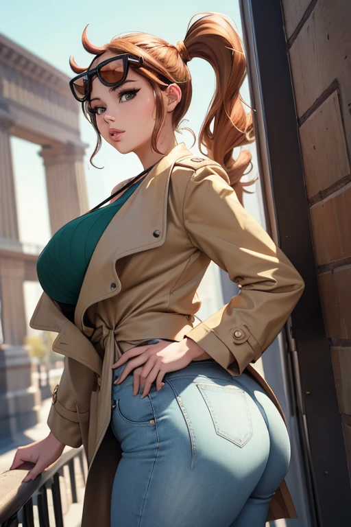 (best quality), (masterpiece), 1 girl, early 20's, huge heavy breasts, busty, massive breasts, thick, thick lips, wide hips, thin waist, sonia, side ponytail, sunglasses on head, brown trench coat, pants