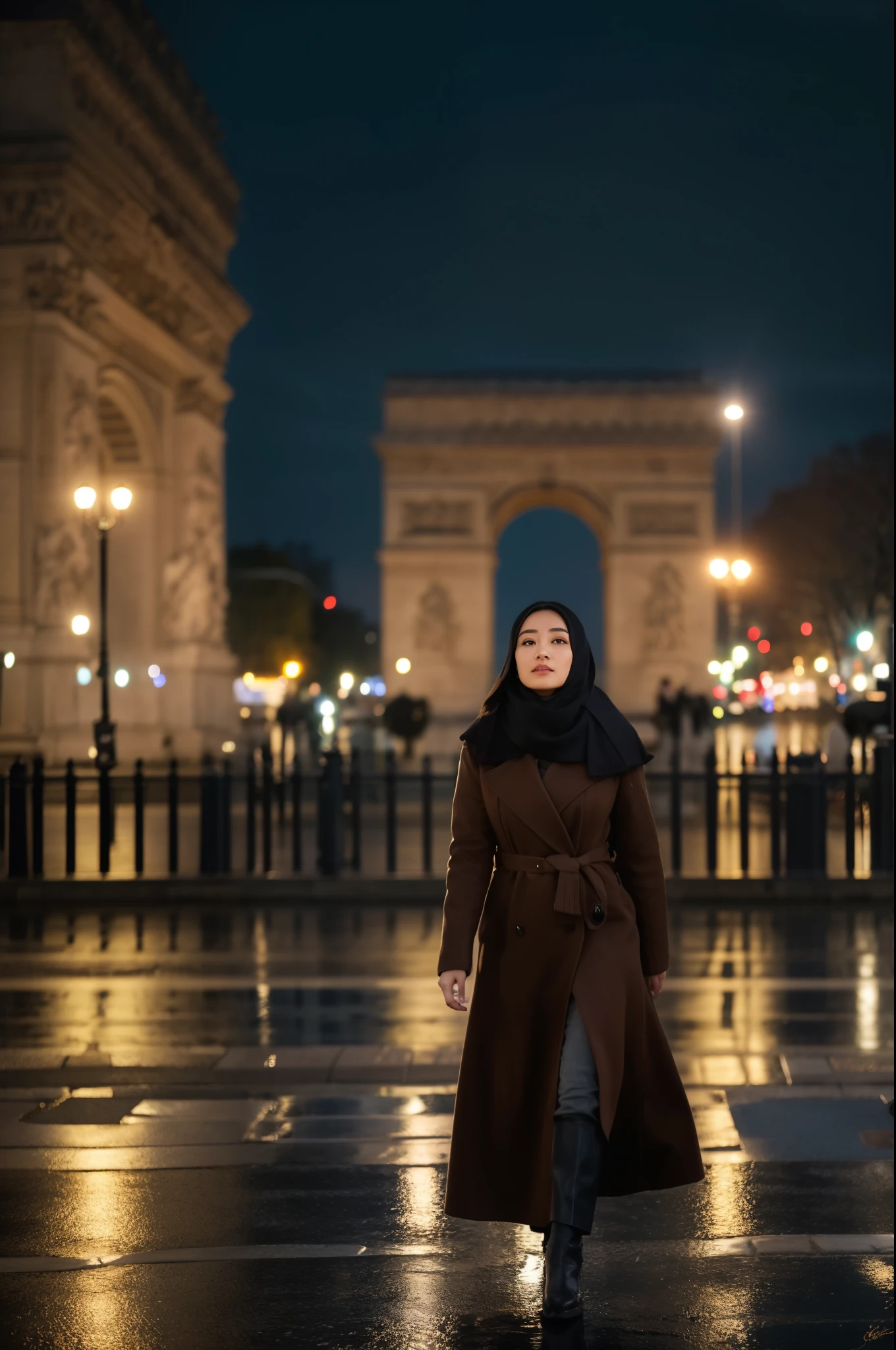 Create a cinematic shot of a gorgeous 26-year-old malay woman walking in the middle of a park. She is dressed in elegant brown winter fashion with a long black hijab wrapped around her neck (covering all her hair completly). Her face is symmetrical and stunning, with natural makeup, and she exudes a sultry, flirty look. The scene is set at night with drizzling rain, wet streets, and lots of pedestrians strolling around. The Arc de Triomphe monument stands majestically in the background, illuminated against the night sky.
Use a Medium Long Shot to capture her full-length appearance as she walks. The camera tracks her subject walking forwards, maintaining a steady view of her elegant winter attire and the surrounding park environment. The streets and the Arc de Triomphe monument should be in sharp focus, showcasing the cinematic lighting and the realistic, detailed atmosphere of the scene. The resolution should be ultra HD and 4K to highlight every aspect of her attire and the environment.