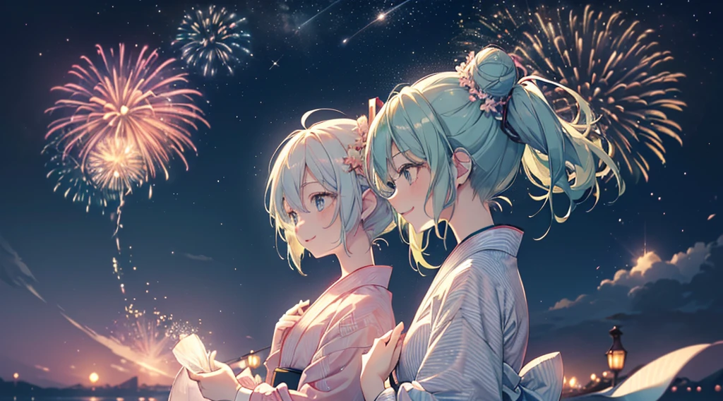 (((Highest quality、masterpiece、Ultra-fine、Ultra-fine、Bun Hair Up,Green Hair,Exquisite、16K、Look up,The best smile,Full HD、profile,,Asahi、,Hatsune Miku,))),( ((profile,,summer,White casual clothes,)))Blue Eyes、Long eyelashes、White skin、(Pale pink lips、Pale pink cheeks、thin and long)、 (((cute,The best smile)), ((One person)) 、(blue sky)) 、 (The sound of the festival, walking in a yukata at dusk, the moment when fireworks bloom in the night sky)、