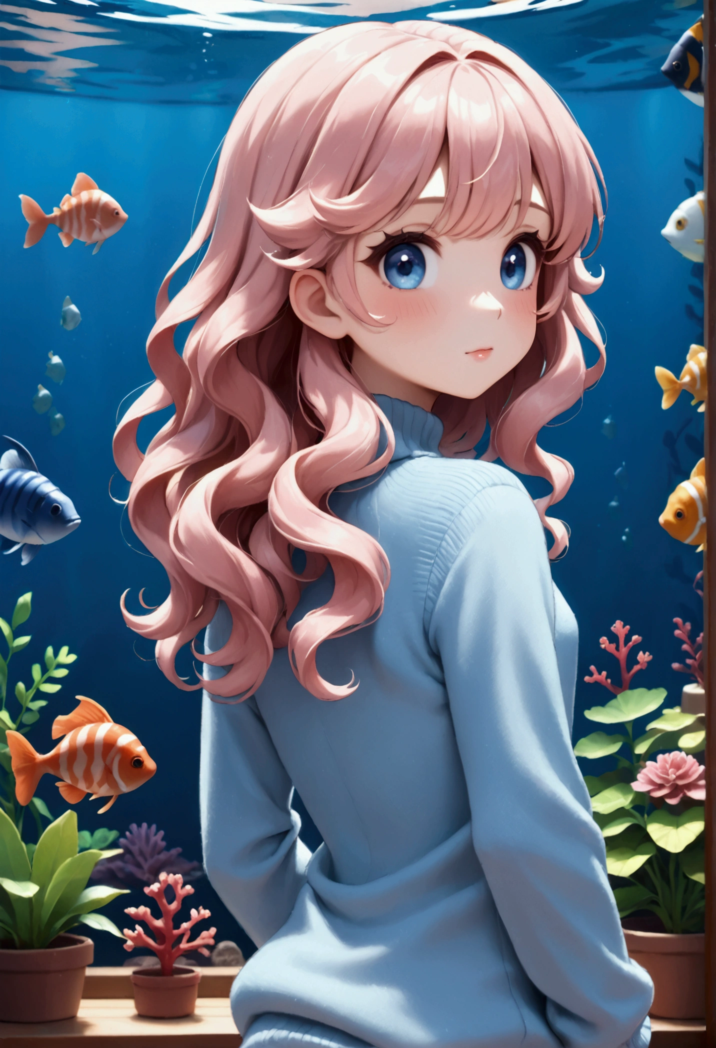 An animated-looking sees fish in an aquarium. She is a cute girl. She has large eyes and a young face. She has wavy blond bobbed hair with bangs and pretty blue eyes. Her cheeks are flushed. She is wearing a light pink hoodle with a light blue sweater inside. back shot