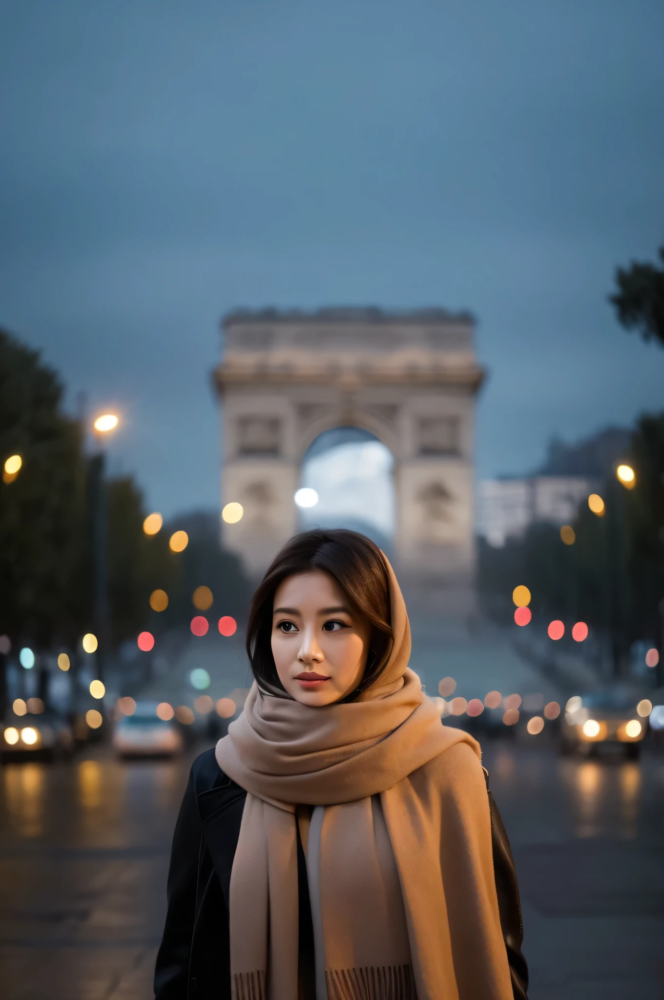 Create a cinematic shot of a gorgeous 26-year-old malay woman walking in the middle of a park. She is dressed in elegant brown winter fashion with a long black hijab wrapped around her neck (covering all her hair completly). Her face is symmetrical and stunning, with natural makeup, and she exudes a sultry, flirty look. The scene is set at night with drizzling rain, wet streets, and lots of pedestrians strolling around. The Arc de Triomphe monument stands majestically in the background, illuminated against the night sky.
Use a Medium Long Shot to capture her full-length appearance as she walks. The camera tracks her subject walking forwards, maintaining a steady view of her elegant winter attire and the surrounding park environment. The streets and the Arc de Triomphe monument should be in sharp focus, showcasing the cinematic lighting and the realistic, detailed atmosphere of the scene. The resolution should be ultra HD and 4K to highlight every aspect of her attire and the environment.