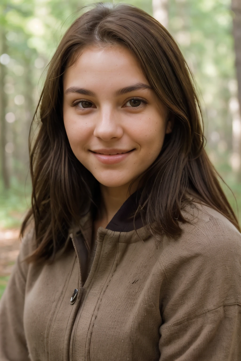 young below average woman, (pleasant facial expression) ultra textured skin, brown hair, perfect brown eyes, sharp focus on the subject, face looking straight into the camera, forest in the background, perfect skin, sweet smile