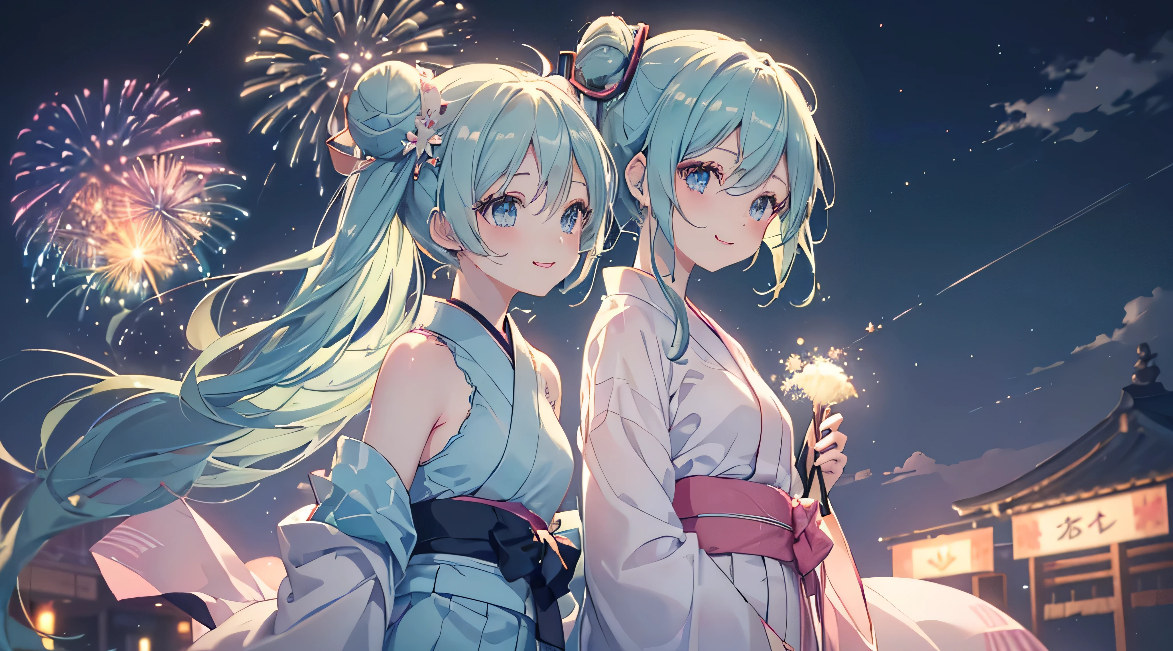(((Highest quality、masterpiece、Ultra-fine、Ultra-fine、Bun Hair Up,Green Hair,Exquisite、16K、Look up,The best smile,Full HD、profile,,Asahi、,Hatsune Miku,))),( ((profile,,summer,White casual clothes,)))Blue Eyes、Long eyelashes、White skin、(Pale pink lips、Pale pink cheeks、thin and long)、 (((cute,The best smile)), ((One person)) 、(blue sky)) 、 (The sound of the festival, walking in a yukata at dusk, the moment when fireworks bloom in the night sky)、