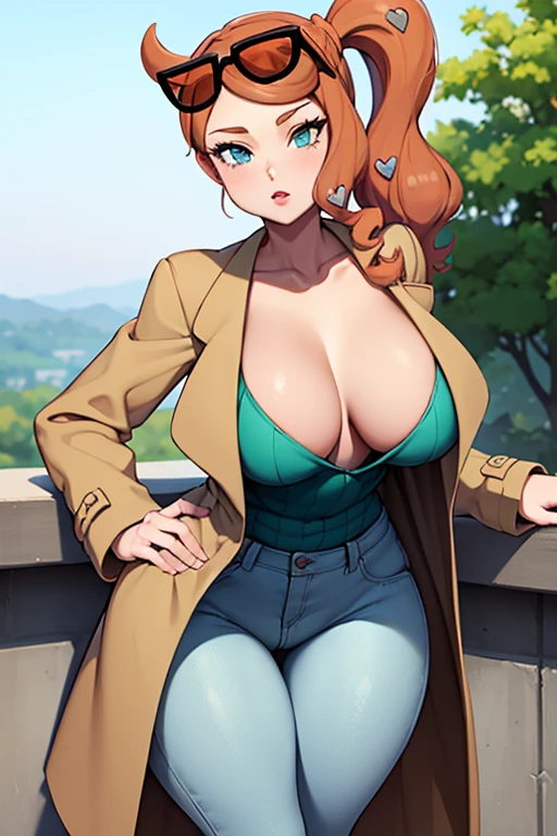 (best quality), (masterpiece), 1 girl, early 20's, huge heavy breasts, busty, massive breasts, thick, thick lips, wide hips, thin waist, sonia, side ponytail, sunglasses on head, brown trench coat, pants, bending forward, downblouse