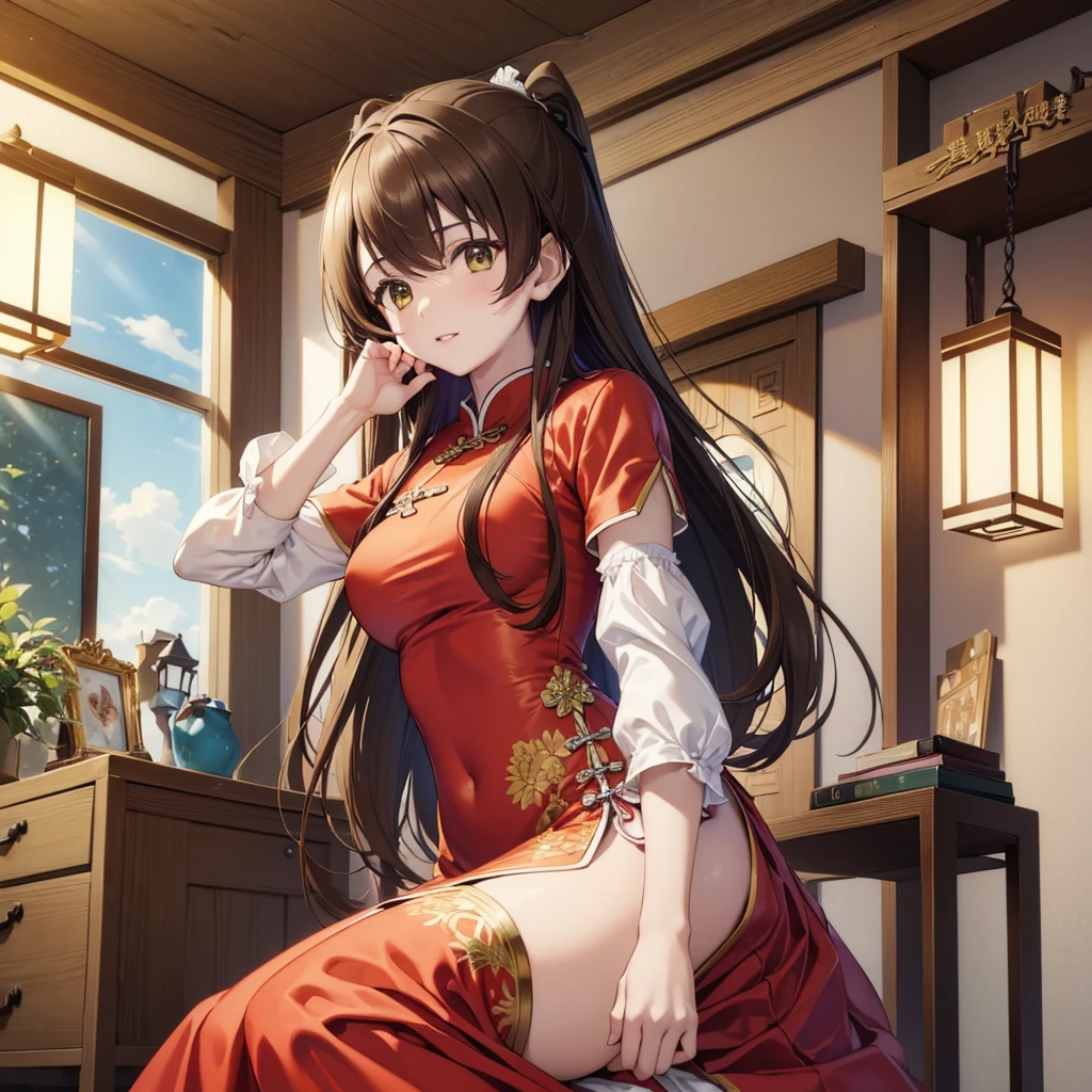 ((Highest quality)), ((masterpiece)), (detailed), (Perfect Face)、The woman is Ogiso Setsuna, with medium-long brown hair and wearing a Chinese dress.