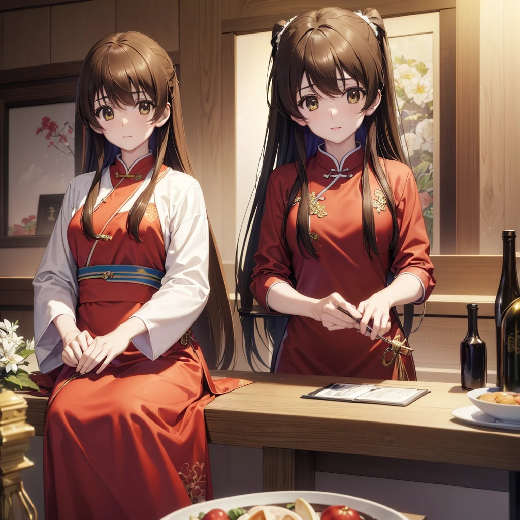 ((Highest quality)), ((masterpiece)), (detailed), (Perfect Face)、The woman is Ogiso Setsuna, with light brown, semi-long hair and wearing a Chinese dress.