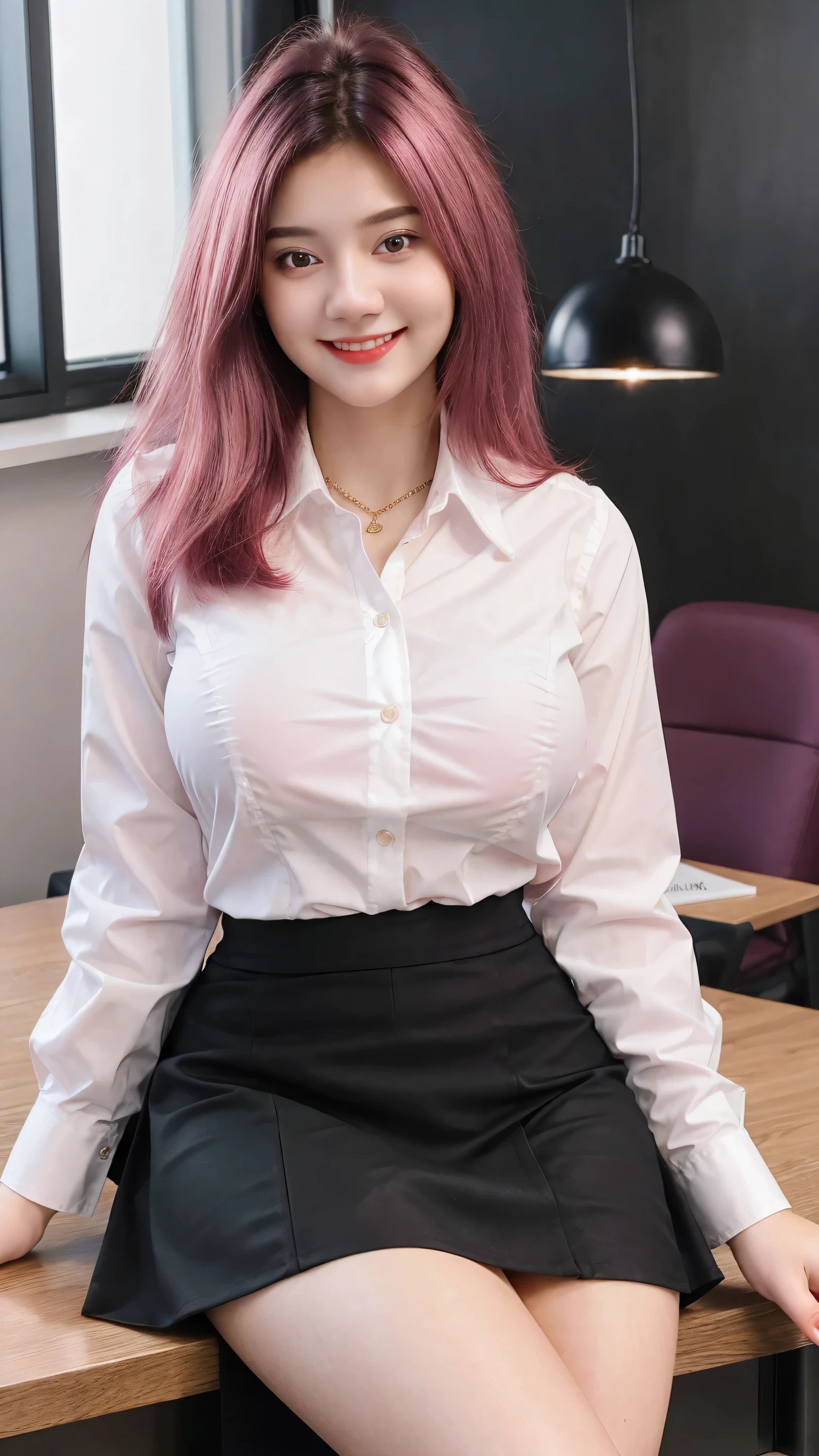 Gorgeus Girl, Beautiful, 20 Years Old, White Skin, Largest Breasts, Movie Lighting, white blouse, short black skirt, Bokeh, Masterpiece, ((Medium hair)), pink Hair, shiny hair, sit on office desk, light smile, full body