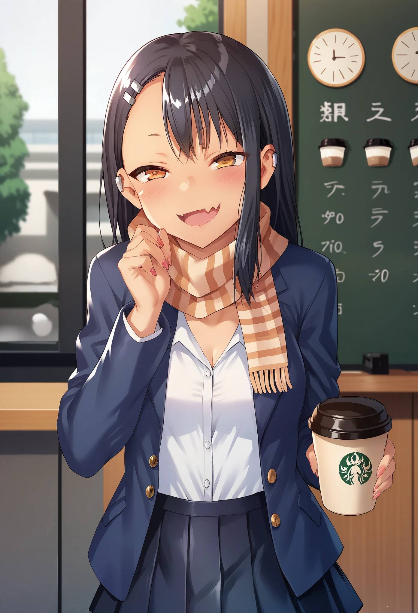 score_9, score_8_up, score_7_up, uncensored, source_anime, 1girl, solo, masterpiece, best quality, detailed face, face focus, BREAK nagatoro hayase, 1girl, solo, scarf, jacket, coffee shop, pleated skirt, 