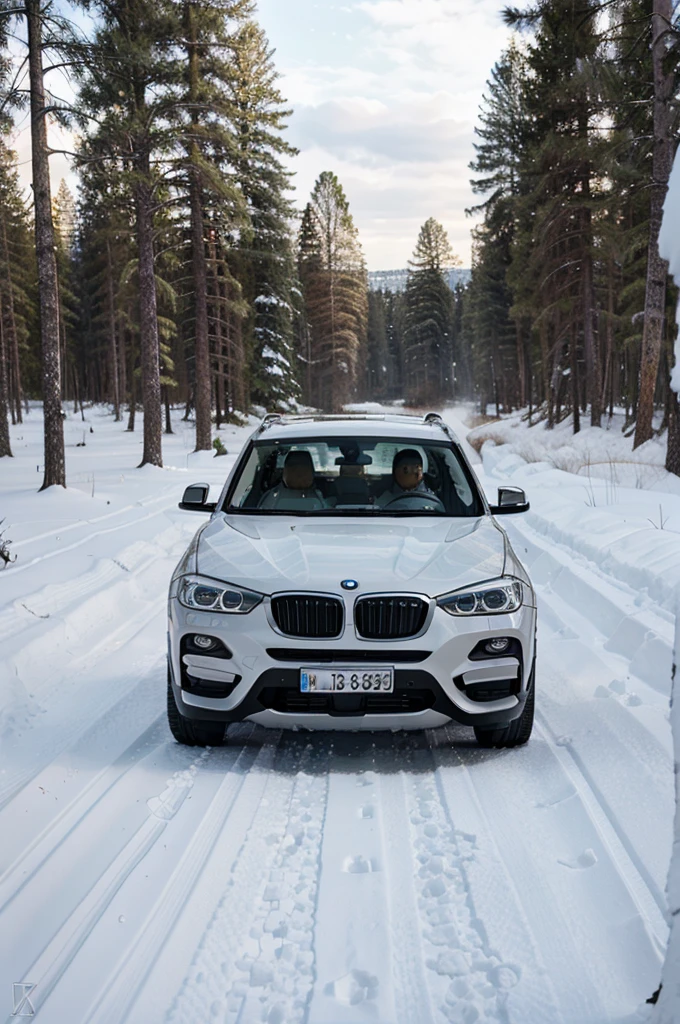 draw a BMW X3 white in the winter forest