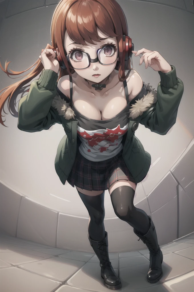 (masterpiece, best quality:1.2),two heads, 1girl, solo, looking at viewer, taffytales, Yoshizawa Sumire, long hair, glasses, straight hair, large breasts, Yoshizawa Sumire, long hair, glasses, shuujin academy , black jacket, plaid skirt, black pantyhose, white shirt next to futabasakura, futaba sakura, orange hair, glasses, long hair, (purple eyes:1.1), ahoge,
BREAK behind-the-head headphones, belt boots, black footwear, black thighhighs, cross-laced footwear, fur trim, fur-trimmed jacket, green jacket, headphones, jacket, knee boots, lace-up boots, off shoulder, off-shoulder shirt, shirt, t-shirt, thighhighs, thighhighs under boots,