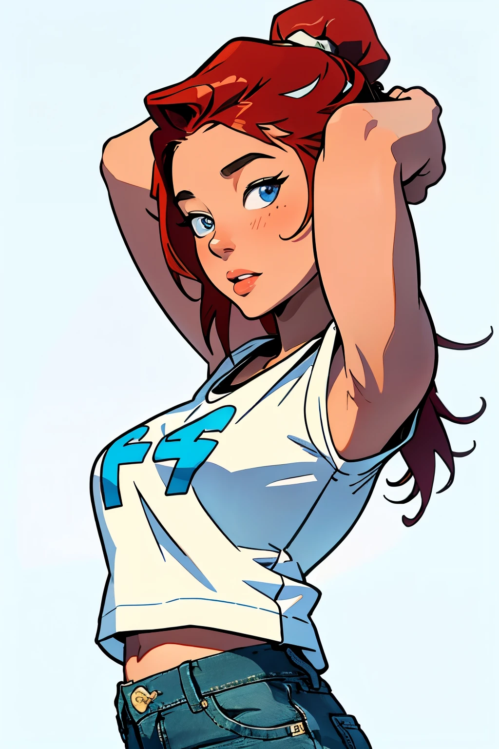 masterpiece, best quality, close up,1girl,the highest image quality, 21-year-old woman, looks like Olivia Dunne, bright red hair, blue eyes, wearing a white graphic tee and denim shorts, wearing headphones, listening to music, large breasts, White background, empty background,