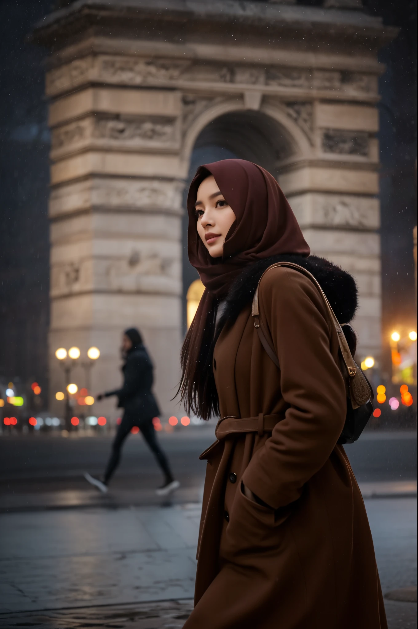 Create a cinematic shot of a gorgeous 26-year-old malay woman walking in the middle of a park. She is dressed in elegant brown winter fashion with a long black hijab wrapped around her neck (covering all her hair completly). Her face is symmetrical and stunning, with natural makeup, and she exudes a sultry, flirty look. The scene is set at night with drizzling rain, wet streets, and lots of pedestrians strolling around. The Arc de Triomphe monument stands majestically in the background, illuminated against the night sky.
Use a Medium Long Shot to capture her full-length appearance as she walks. The camera tracks her subject walking forwards, maintaining a steady view of her elegant winter attire and the surrounding park environment. The streets and the Arc de Triomphe monument should be in sharp focus, showcasing the cinematic lighting and the realistic, detailed atmosphere of the scene. The resolution should be ultra HD and 4K to highlight every aspect of her attire and the environment.