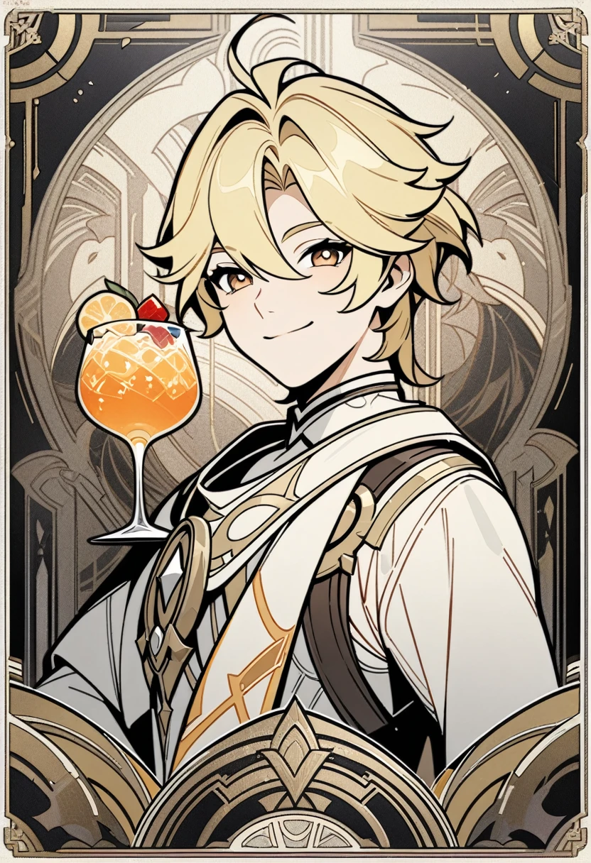 art deco, card, frames, vintage, bar, drinks, art deco poster, high quality, male, aether, genshin impact, handsome face, cute face, blonde hair, smiling, masterpiece, detailed, line art, straight lines, clear art, 