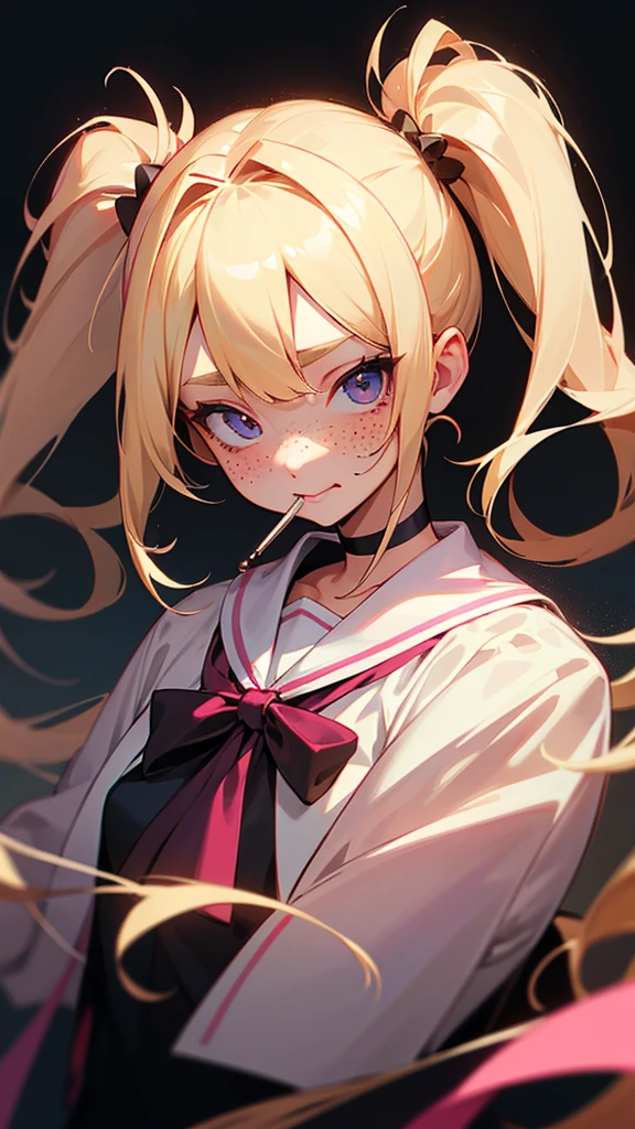 score_9,score_8_superior,score_7_superior,score_6_superior,score_5_superior,score_4_superior,
One girl, pretty girl, Blonde, With twin tails, 片方の目のsuperiorの髪, Cute Nose. Biting your lip, Fascinating, White choker, Pink Lips, freckles,
 