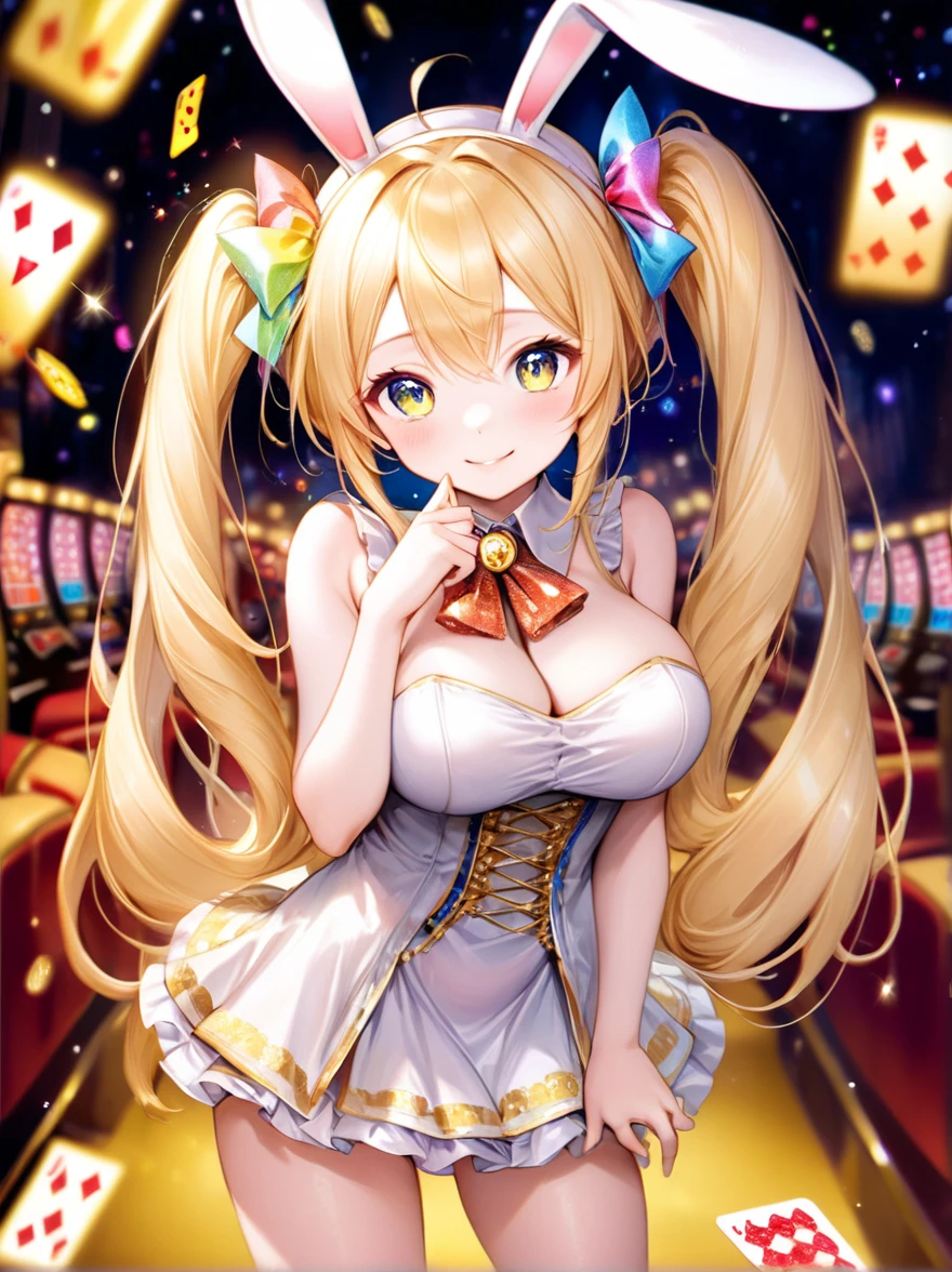 (Highest quality, 8k, 32K, masterpiece, Ultra-high resolution,:1.2),to be born, One Girl,So cute , Casino-like fantasy background, clear, Shining Eyes, Age 25 ,Fair skin, Golden Hair Girl, Fantasy Clothing, Long Hair, An innocent smile, Small Dress, night, Bunny girl, Rabbit Ears,Nyan Nyan Pose,sexy,Large breasts,Twin tails,Sparkling,Sparklingエフェクト
