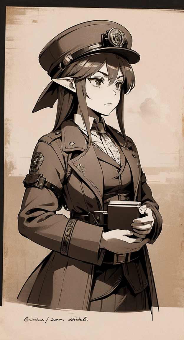 Sophisticated, general Hylia, hat, steampunk military suit, airship, muted colors, red filter, aged photo effect,