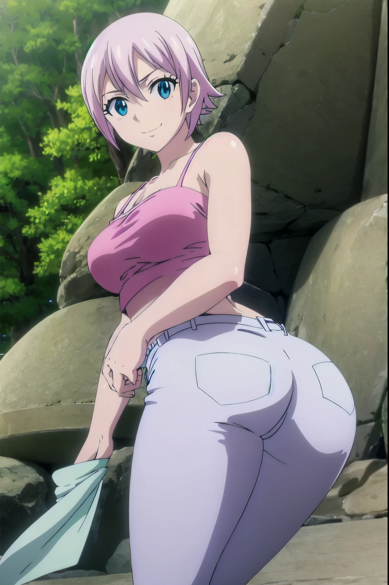 a beautiful detailed girl with short blue hair, purple eyes, hands on her attractive thighs, wearing a bikini, milk on her body and in her ass, (full body), best quality, 4k, 8k, highres, masterpiece:1.2, ultra-detailed, realistic, photorealistic, photo-realistic:1.37, HDR, UHD, studio lighting, ultra-fine painting, sharp focus, physically-based rendering, extreme detail description, professional, vivid colors, bokeh, portraits, langerie, back view, ass showing, ass, anus, cum in the ass, ass with cum, milk on legs