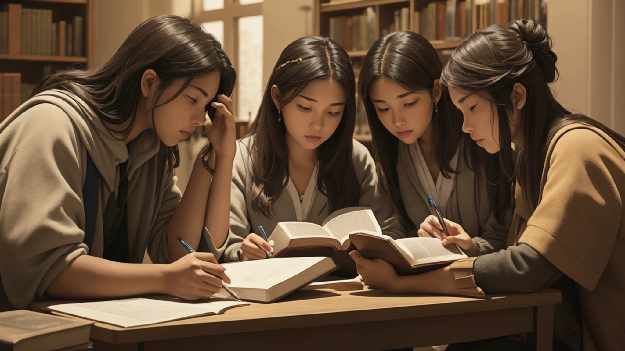 "Description: Create a scene of individuals deeply engaged in studying and discussing biblical prophecy. This visual should emphasize the importance of understanding and interpreting the signs of the times through diligent study.
Details:
Imagery: Show a group of people in a well-lit study room or library, surrounded by open Bibles, commentaries, and notebooks. They should be actively engaged in discussion or note-taking, reflecting concentration and curiosity.
Color Scheme: Use focused, thoughtful colors like deep blues and rich browns to evoke a sense of serious study and reflection.
Background Elements: Include shelves of books, a table with study materials, and perhaps a whiteboard or projector displaying biblical texts or charts."
