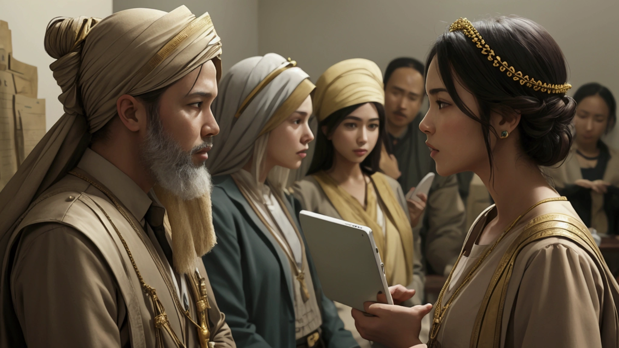 "Description: Illustrate a scene where individuals are analyzing current world events in light of biblical prophecy. This visual should highlight the process of discerning how contemporary issues relate to prophetic signs.
Details:
Imagery: Show people watching news reports or reading articles with biblical texts open beside them. They might be using maps, charts, or digital devices to correlate current events with prophetic signs.
Color Scheme: Utilize neutral tones with accents of red or gold to represent urgency and significance in the analysis process.
Background Elements: Include a modern setting like a living room with a TV or computer, news clippings, and a bulletin board with notes or timelines."