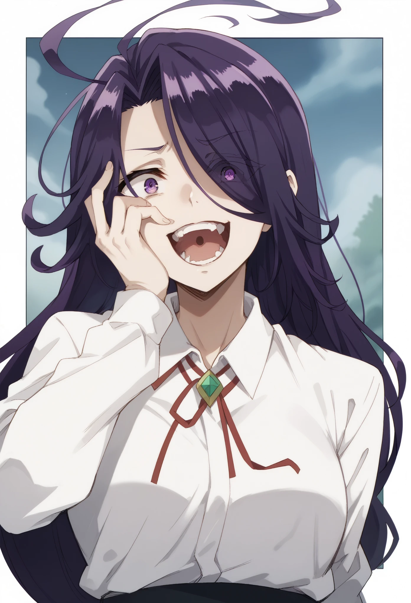 aurora, long hair, purple hair, very long hair, purple eyes, hair over one eye,crazy look,open mouth,hand on check