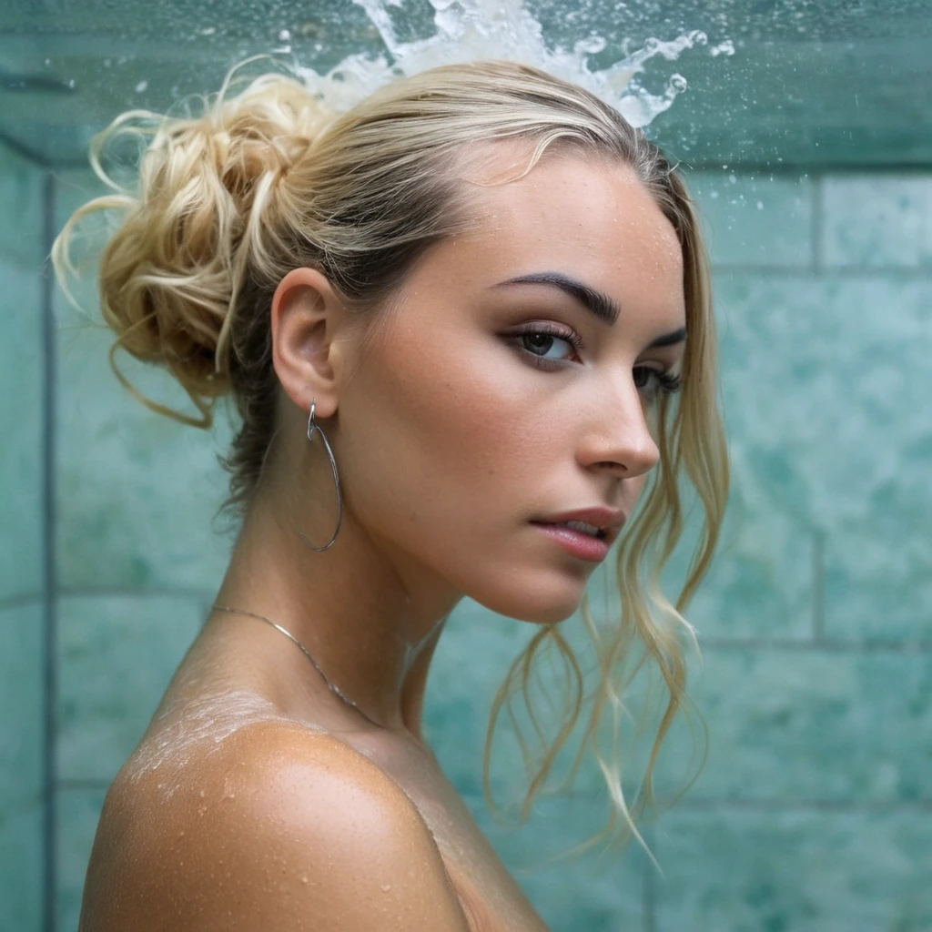 Une femme aux cheveux blonds foncés et ondulés, nue sous la douche, l’eau ruisselant sur son corps. Lumière douce et chaude, vapeur créant une ambiance intime. Une main appuyée contre le mur, tête légèrement inclinée en arrière avec un regard extatique.