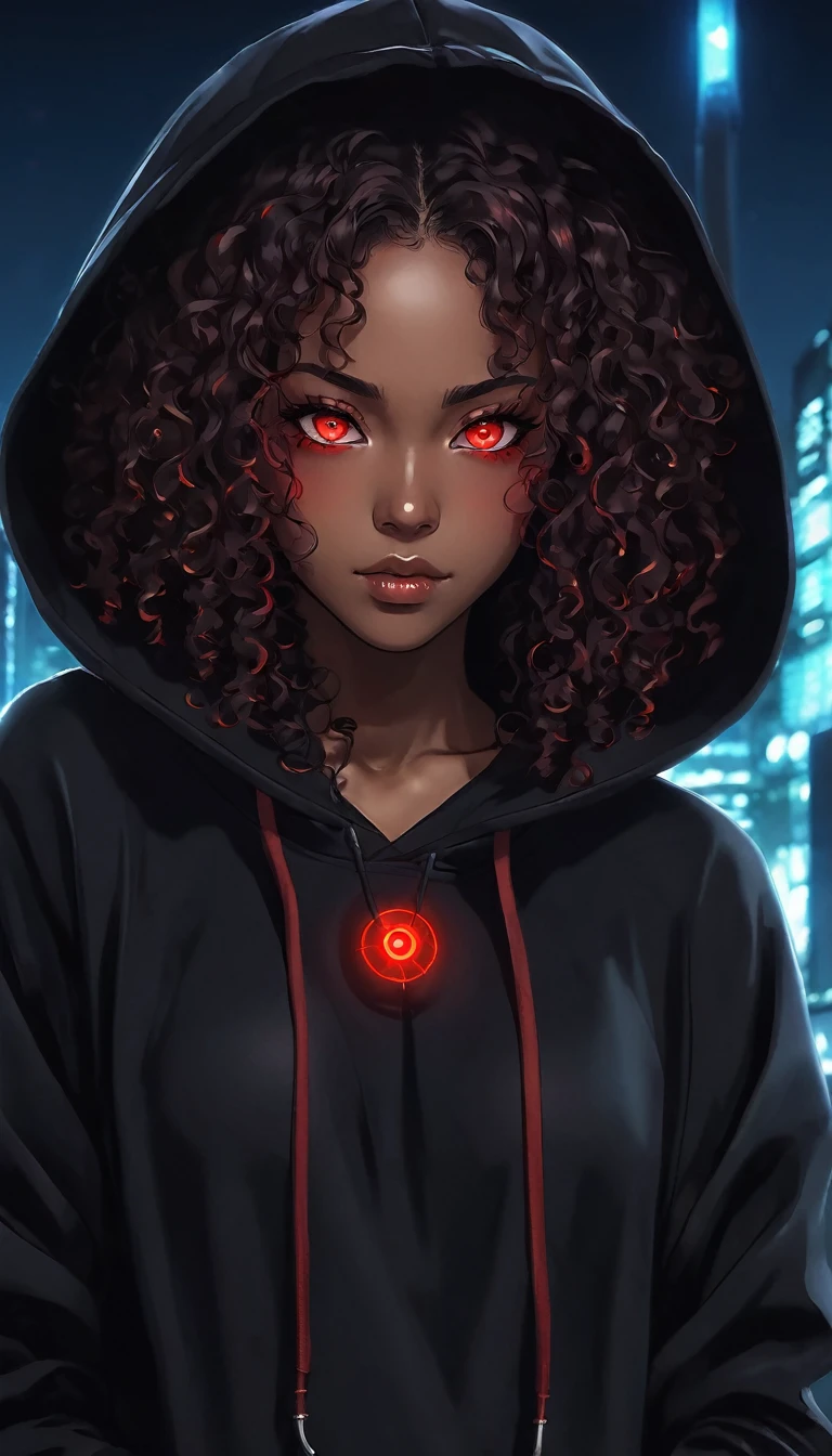 an Afro-descendant woman with long curly hair and brown eyes wearing a black hoodie, anime foda 8k, 4K anime-style, com eerie glowing red eyes, com eerie glowing red eyes, 4k anime wallpaper, 4k anime wallpaper, 4k anime wallpaper, 4k anime art wallpaper, 8K anime art wallpaper, 4k anime art wallpaper, eerie glowing red eyes, demon anime girl