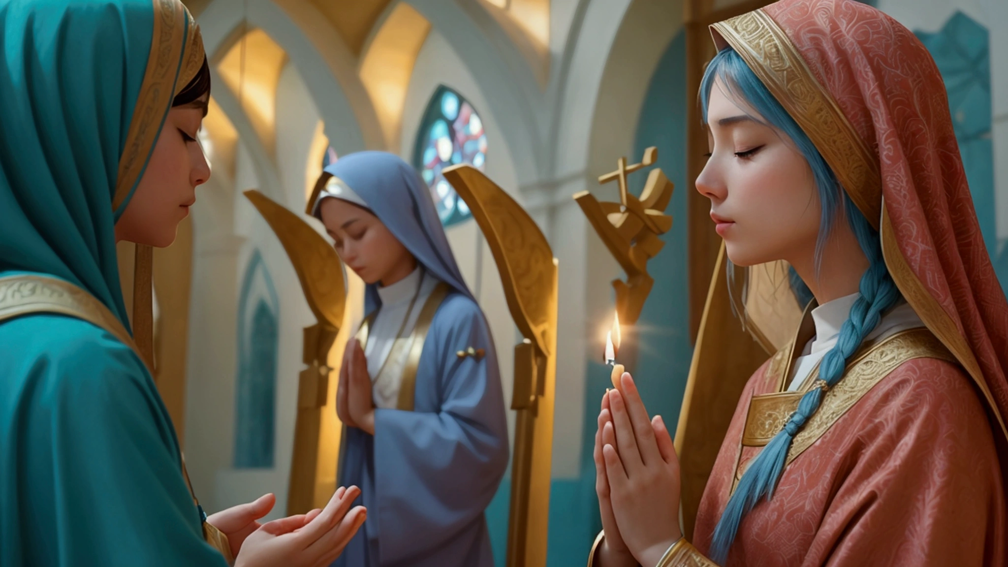 "Description: Depict individuals in a prayerful or meditative state, seeking divine guidance for understanding the signs of the times. This visual should convey the spiritual aspect of discerning and interpreting prophetic messages.
Details:
Imagery: Show people in a quiet, serene space, perhaps in prayer or meditation, with soft light illuminating their faces. Include elements like candles, a cross, or open scriptures to emphasize the connection with the Holy Spirit.
Color Scheme: Use calming colors such as soft yellows, gentle whites, and muted blues to reflect peace and spiritual contemplation.
Background Elements: Include a tranquil setting like a prayer room, a corner of a church, or a peaceful outdoor space with natural elements."