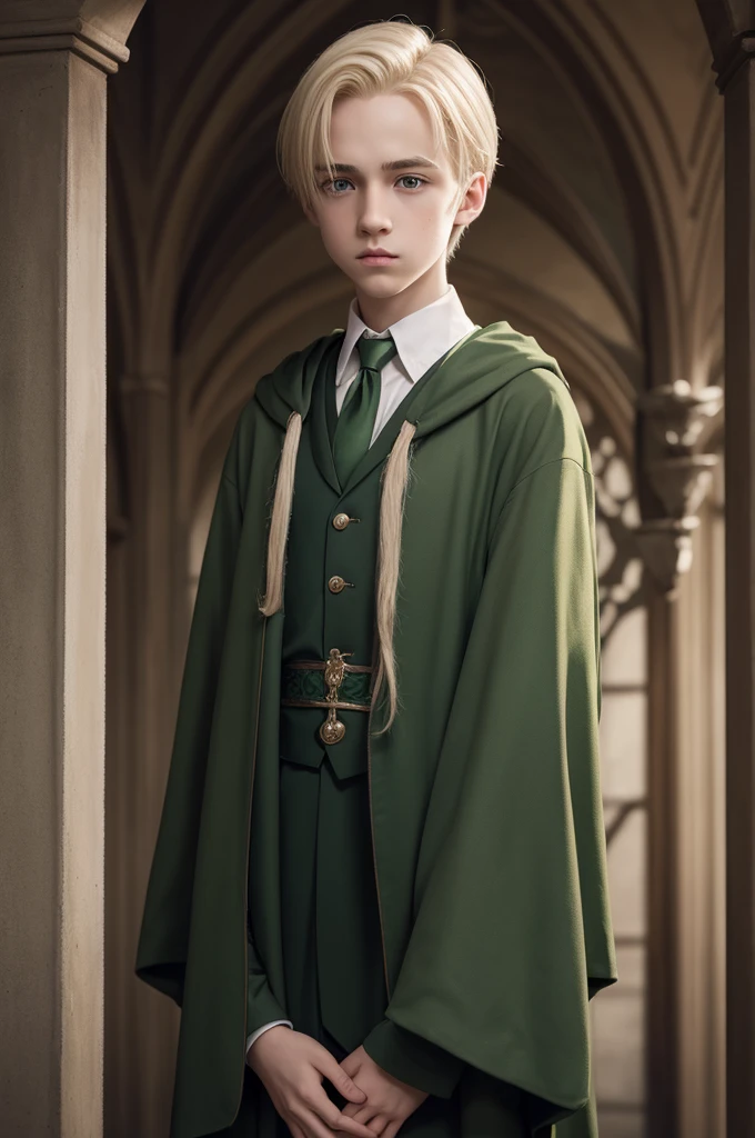 Half-white brown boy with hair like Draco Malfoy, thin blonde hair with Slytherin background and decoration