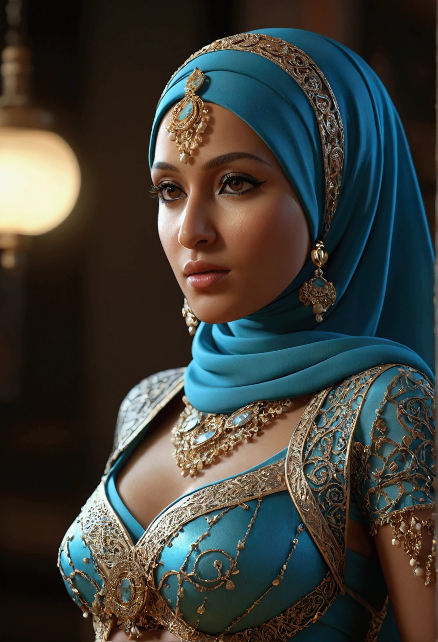 perfect eyes, fantastic face, Arabian, beautiful look, ((light lips, bright eyes, curve heir 1.5)), (((beautiful details very huge breast ))), (Straight round and ultra huge clevage breast), A glorious gorgeous, glorious gorgeous face, pretty face, bright eyes, (detailed different Colourful elegant Hijab with Designs with Voile, Pearl, Glitter, Textile and sleeves), updo elegant hair, blurred gray tones background, ultra focus, face ilumined, face detailed, 8k resolution, painted, dry brush, brush strokes, razumov style and garmash style, by Tokaito, （fluorescent colours：1.4），（semi transparent：1.4），（retro filters：1.4），（fanciful：1.4）， Soft Fluffy Soft Landscape Light Soft Whimsical Light Modern Transportation Background Ultra Realistic Ultra High Quality Cinematic Lighting Huge Details Full HD Painting Plenty of light，diagonal bangs， Bright Colorful Hijab with Hijab Head wear ，side masterpiece， best qualityer，realskin，（sportrait：1.5）， 1girll， bluntbangs， (long wavy hair)， ((Modern Transportation Background behinf her)), ((Big Sexy Body Shape)), (Portrait Photo) (((Sexy Pose)))