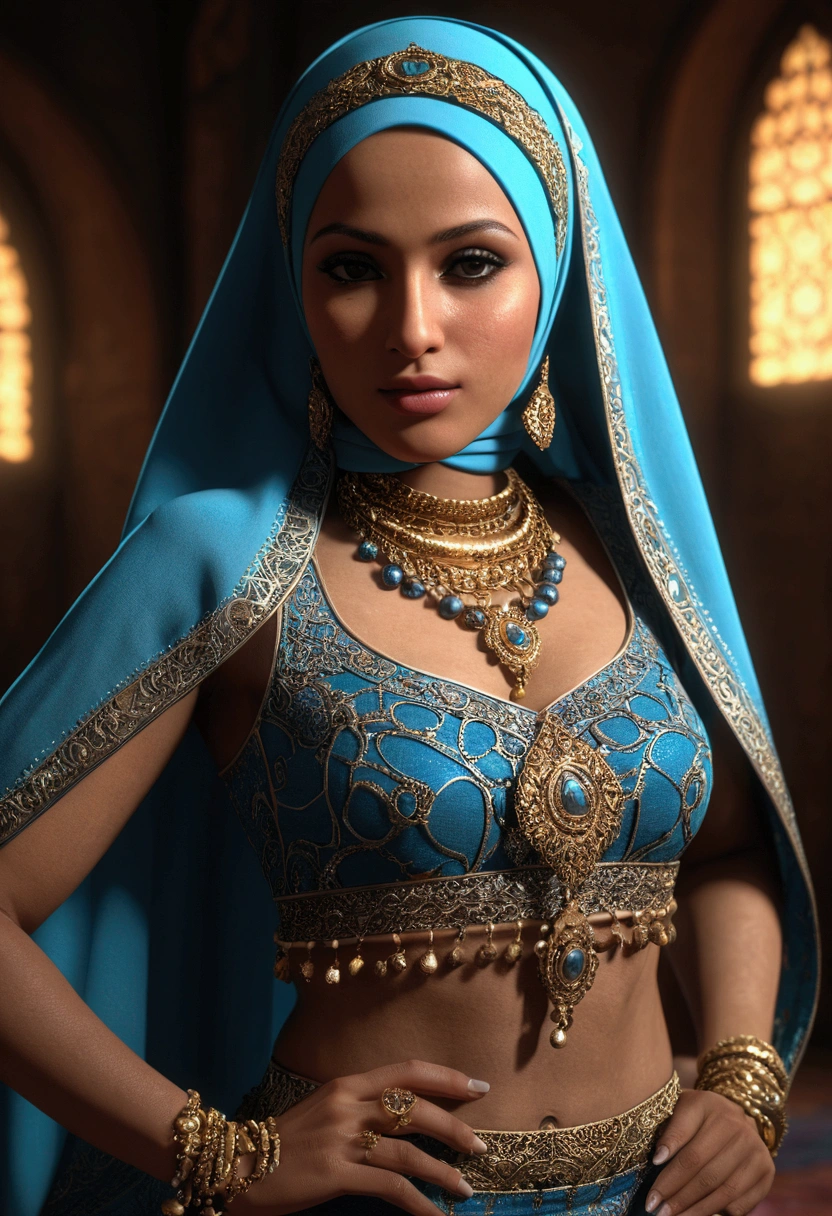 bellydancer, space, javanese, (((hijabi))), cleavage, reflection light, chiaroscuro, depth of field, cinematic lighting, ray tracing, Sony FE GM, UHD, super detail, masterpiece, textured skin, high details, best quality, award winning，3D,hdr（HighDynamicRange）,Ray tracing,NVIDIA RTX,Hyper-Resolution,Unreal 5,Subsurface scattering、PBR Texture、post-proces、Anisotropy Filtering、depth of fieldaximum definition and sharpnesany-Layer Textures、Albedo e mapas Speculares、Surface coloring、Accurate simulation octane rendering of light-material interactions、Two-colored light、largeaperture、Low ISO、White balance、the rule of thirds、8K raw data