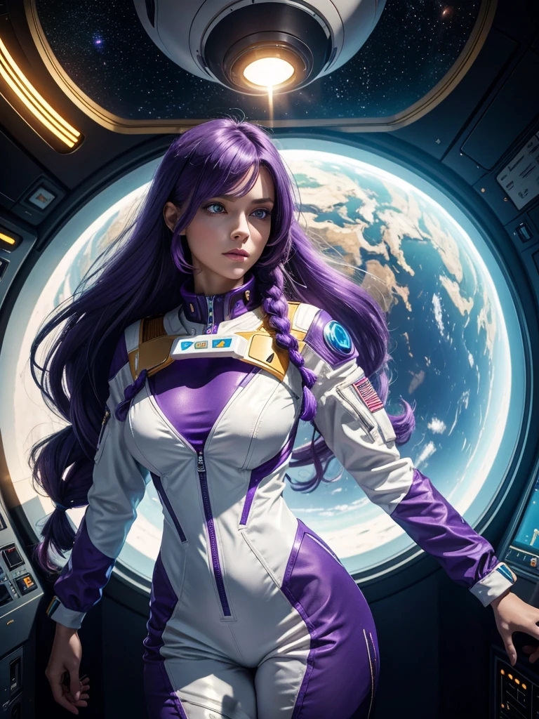 Beautiful Caucasian woman. Slim body. Just a woman. Alone. Western woman. Long hair with 1 braid. Purple hair. Bright purple eyes. Woman cosplaying as an astronaut. Her outfit is a golden astronaut jumpsuit with a large cleavage on her breasts. The woman is in a brightly lit white space station with a futuristic window showing space. The place has several blue holographic monitors. Dynamic light. Dynamic shadows. High resolution. Detailed.