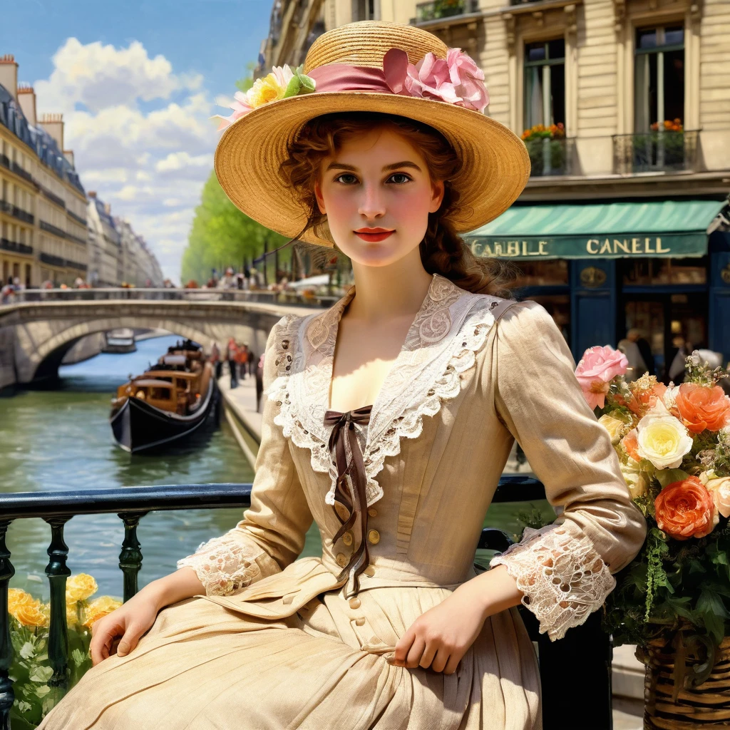 A painting of Paris in early 1913 under the sun during the Impressionist era, a realistic painting like the Impressionist masters Manet, Monet, Renoir, Cézanne, Degas and Berthe Morisot. ((A young woman, long dress, flowers and lace, boots, small round straw hat "boater" style like Maurice Chevalier or "Gabrielle Chanel" with ribbons and flowers:1.1)), very beautiful young, fresh face, magnificent, complex eyes, symmetrical features, dark made-up eyes, small nose, perfect, sometimes pouting lips, desirable, amiable, realistic feminine face, smiling, pure, lighting worthy of the painters Renoir, Manet, Monet, Cézanne, Impressionist paintings in summer. Background ((Paris, with its very wide Haussmann boulevards)), paintings in soft, warm pastel colors, some horse-drawn carriages, ((vintage automobiles)) like Decauville, Renault, Lozier, Panhard. Background view of the Eiffel Tower, generate well-drawn pedestrians with realistic, perfect, beautiful and sharp faces, frock coats, felt bowler hats, "boater" straw hats, top hats, some workers with caps, small trades, an image of a city before World War I with large Haussmann-style buildings on very wide, lively and dynamic boulevards. No cropped image, 32k, 3D, HD, oil_painting