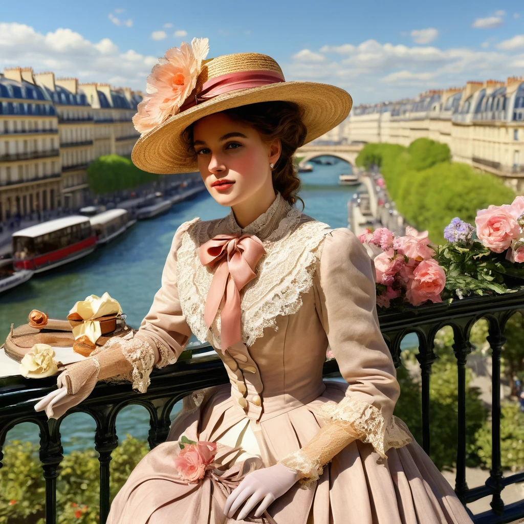 A painting of Paris in early 1913 under the sun during the Impressionist era, a realistic painting like the Impressionist masters Manet, Monet, Renoir, Cézanne, Degas and Berthe Morisot. ((A young woman, long dress, flowers and lace, boots, small round straw hat "boater" style like Maurice Chevalier or "Gabrielle Chanel" with ribbons and flowers:1.1)), very beautiful young, fresh face, magnificent, complex eyes, symmetrical features, dark made-up eyes, small nose, perfect, sometimes pouting lips, desirable, amiable, realistic feminine face, smiling, pure, lighting worthy of the painters Renoir, Manet, Monet, Cézanne, Impressionist paintings in summer. Background ((Paris, with its very wide Haussmann boulevards)), paintings in soft, warm pastel colors, some horse-drawn carriages, ((vintage automobiles)) like Decauville, Renault, Lozier, Panhard. Background view of the Eiffel Tower, generate well-drawn pedestrians with realistic, perfect, beautiful and sharp faces, frock coats, felt bowler hats, "boater" straw hats, top hats, some workers with caps, small trades, an image of a city before World War I with large Haussmann-style buildings on very wide, lively and dynamic boulevards. No cropped image, 32k, 3D, HD, oil_painting