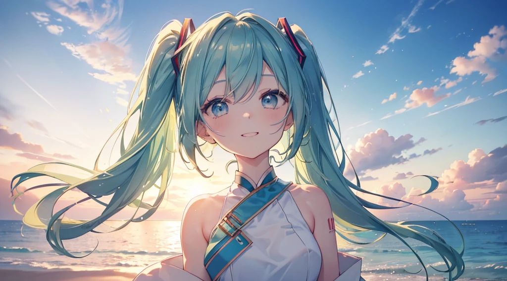 (((Highest quality、masterpiece、Ultra-fine、Ultra-fine、Bun Hair Up,Green Hair,Exquisite、16K、Look up,The best smile,Full HD、,Hatsune Miku,))),( ((summer,White casual clothes,)))Blue Eyes、Long eyelashes、White skin、(Pale pink lips、Pale pink cheeks、thin and long)、 (((cute,The best smile)), ((One person)) 、(blue sky)) 、 (The golden sunset on the beach, a beautiful gradation that colors the sky)、