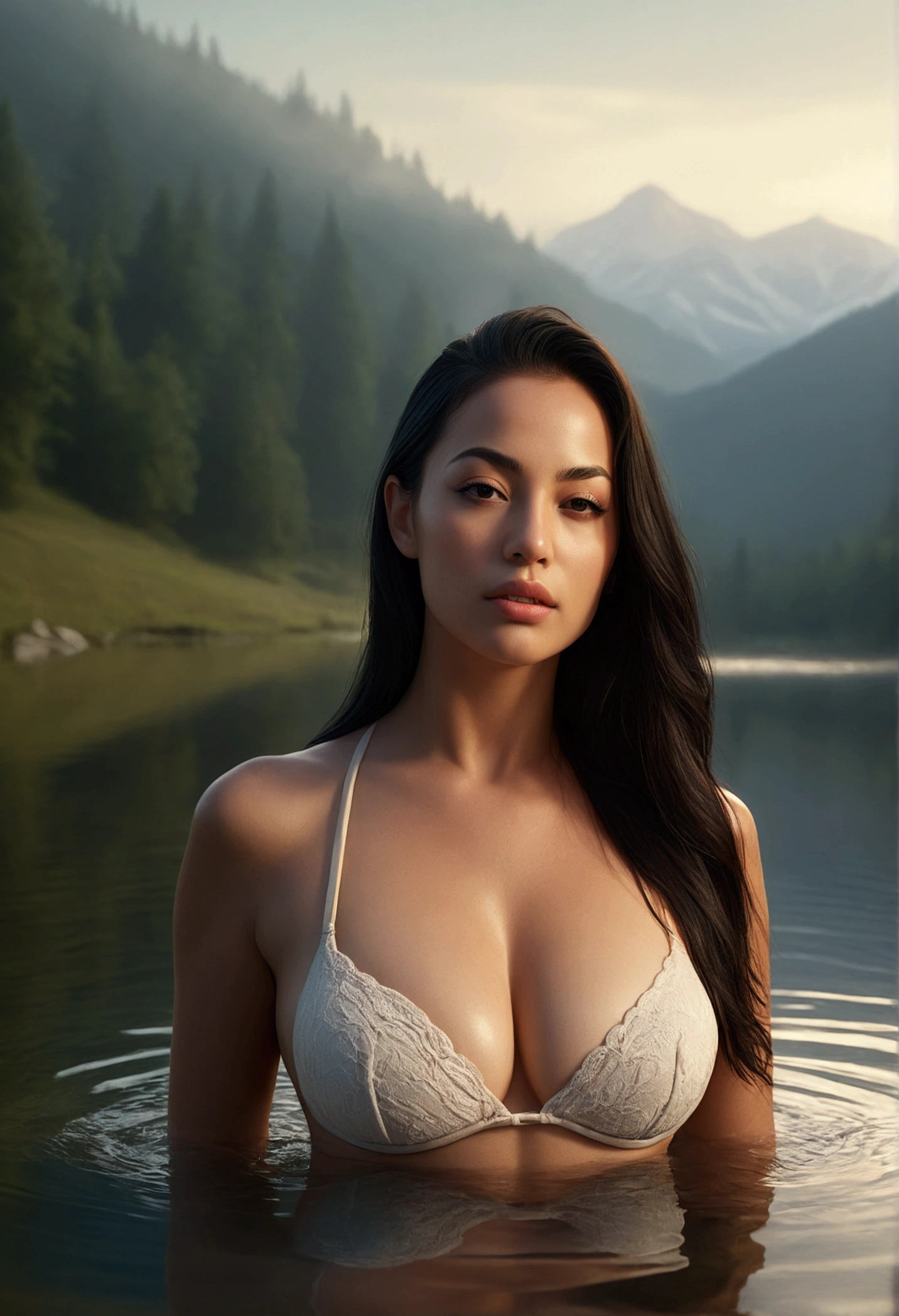 1girl,long dark hair,beautiful face,sexy pose,swimming in high altitude lake,bikini top 95d cup,ultra realistic,8k,photorealistic,masterpiece,detailed portrait,highly detailed,cinematic lighting,volumetric fog,dramatic lighting,beautiful reflection in water,golden hour