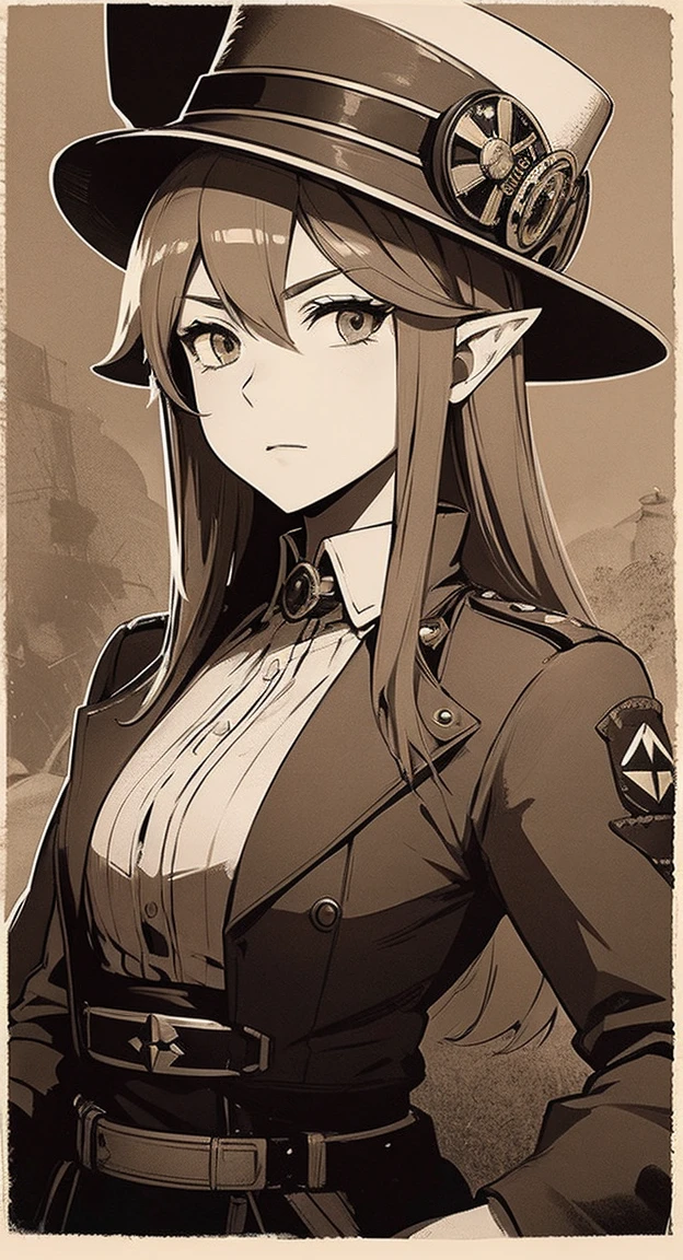 Sophisticated, general Hylia, hat, steampunk military suit, airship, muted colors, red filter, aged photo effect,