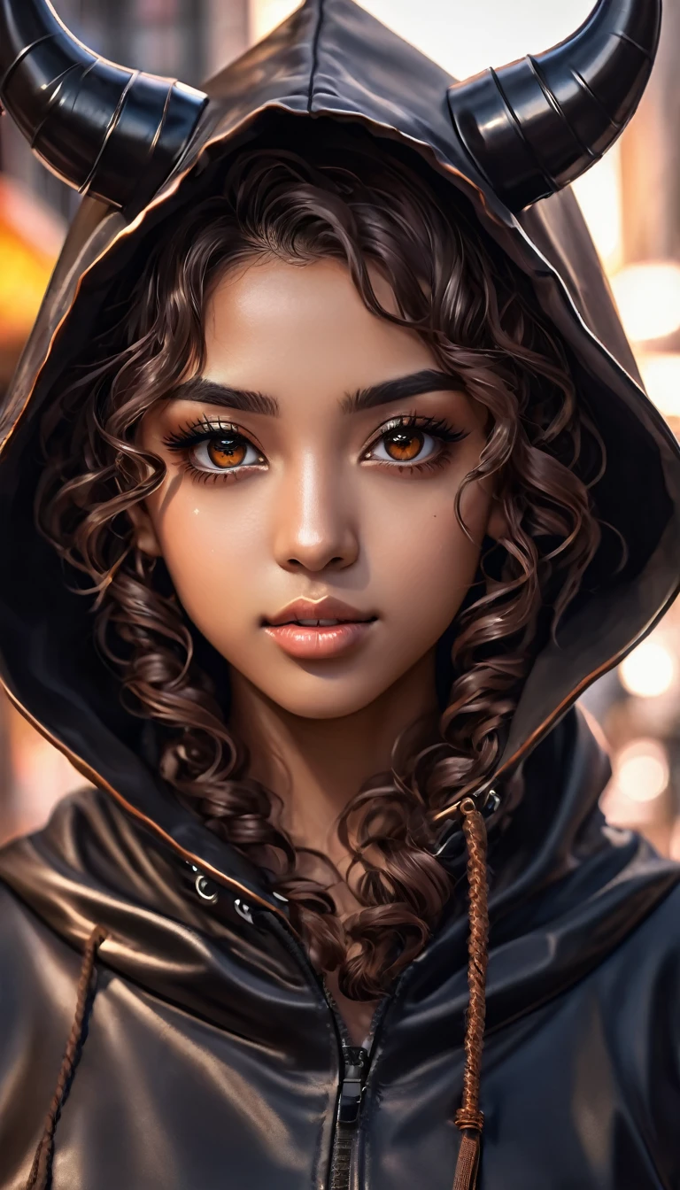 a woman of African descent with long curly hair and brown eyes wearing a black leather hood, anime foda 8k, 4K anime-style, com shiny brown eyes, com shiny brown eyes, 4k anime wallpaper, 4k anime wallpaper, 4k anime wallpaper, 4k anime art wallpaper, 8K anime art wallpaper, 4k anime art wallpaper, shiny brown eyes, demon anime girl