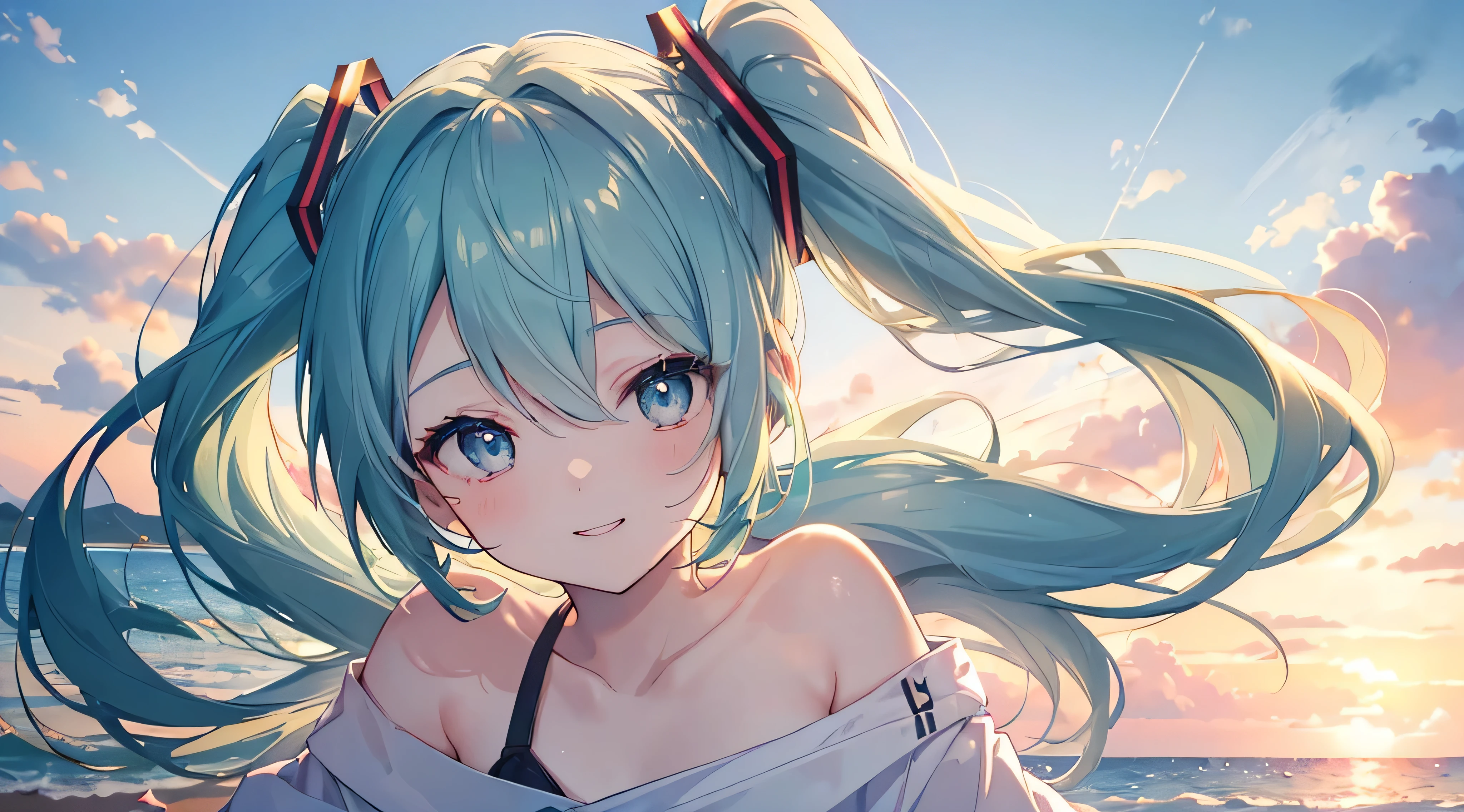 (((Highest quality、masterpiece、Ultra-fine、Ultra-fine、Bun Hair Up,Green Hair,Exquisite、16K、Look up,The best smile,Full HD、,Hatsune Miku,))),( ((summer,White casual clothes,)))Blue Eyes、Long eyelashes、White skin、(Pale pink lips、Pale pink cheeks、thin and long)、 (((cute,The best smile)), ((One person)) 、(blue sky)) 、 (The golden sunset on the beach, a beautiful gradation that colors the sky)、