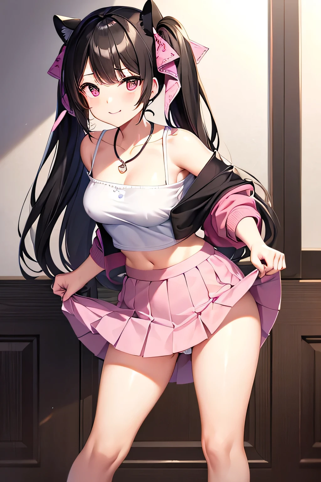 score_9, score_7_up, hd, (ultra hd quality details), source_anime,solo, 1girl, risamasbase, black hair, twintails,risadefclothes, hair ribbon, pink jacket, heart necklace, leopard print, leopard print camisole, off shoulder, bare shoulders, midriff, miniskirt, pink skirt, pleated skirt,looking at viewer, smile,standing, hand on hip,(Lift up the skirt、pick up a skirt),White panties、in the room、cameltoe